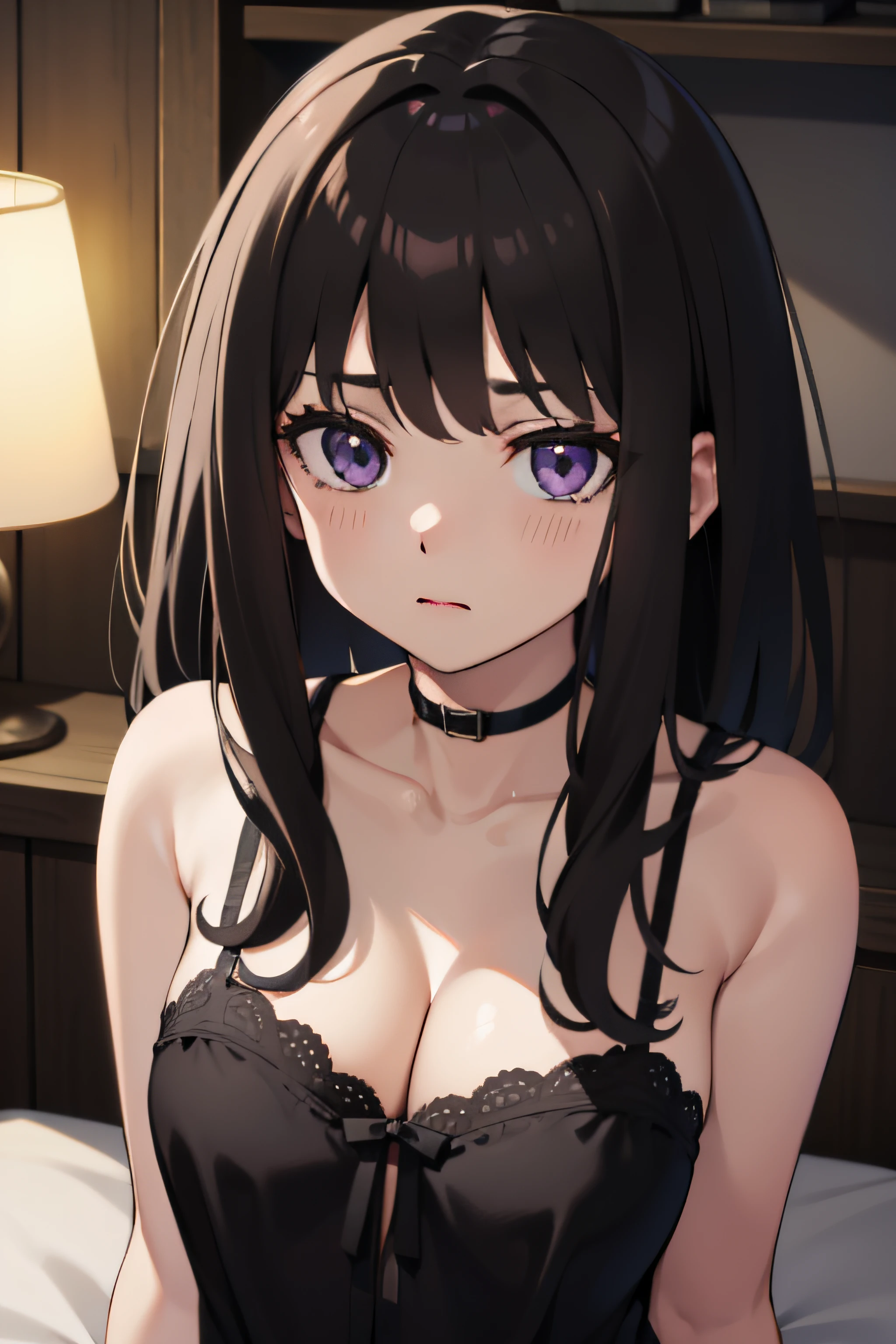 (masterpiece, best quality, highres, UHD, perfect pixel), Inoue Takina, Long hair, Bangs, Black hair, (Purple eyes:1.2), medium breasts, indoor, bedroom, dynamic pose, busty, perfect body, POV, close up, blushing, (cleavage), nightgown, black dress, natural light, cinematic, dreamy, night mood, night lamp, looking at viewer, spoiled
