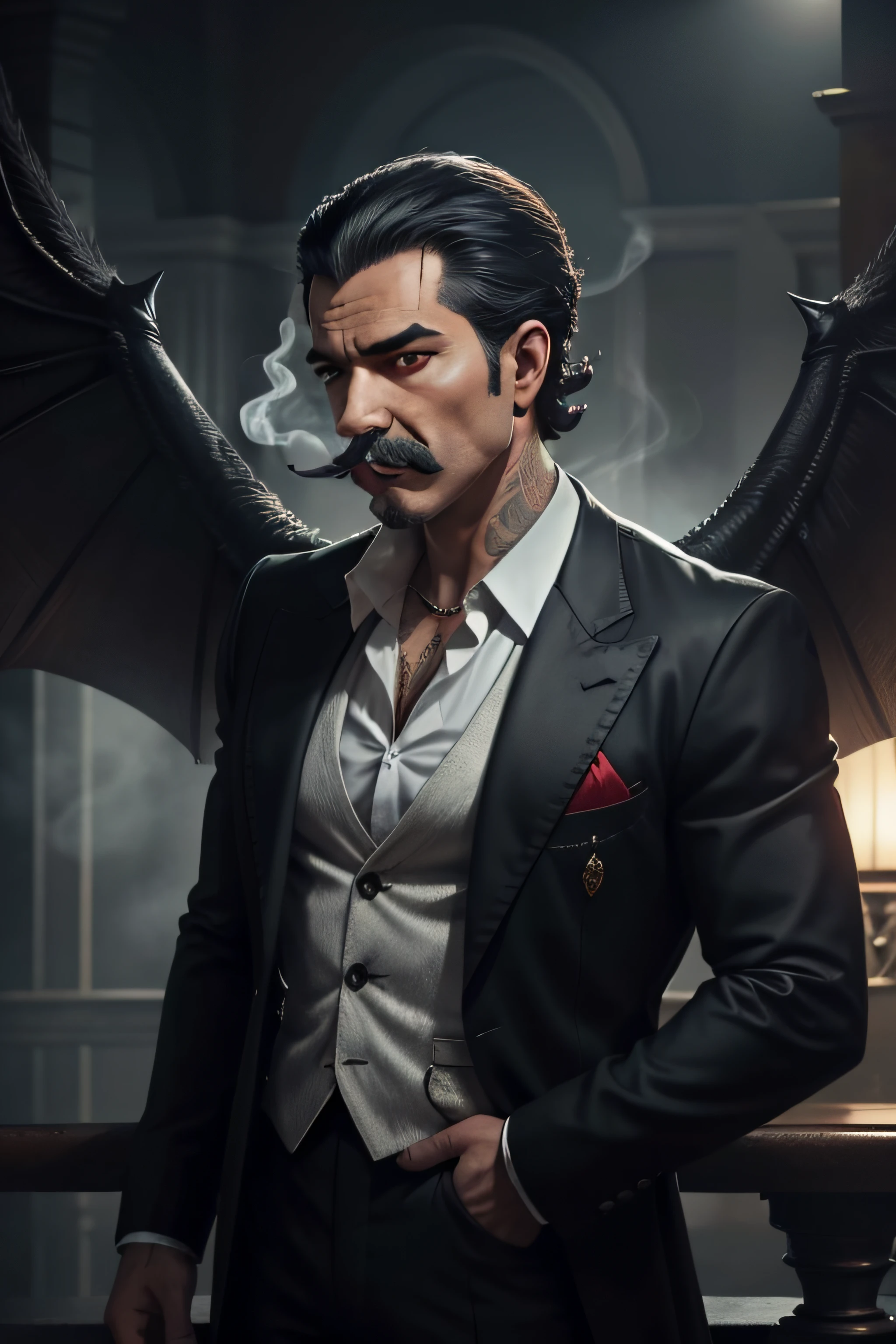 Lucifer, Clima de mafia ((e bigode grande)), vestindo uma cartola e smoking preto e vermelho, skinny, olhar poderoso e malefico (Fundo escuro, cidade nortuna), Ultra HD |, qualidade da obra-prima, alta qualidade, Qualidade Superior, qualidade perfeita"