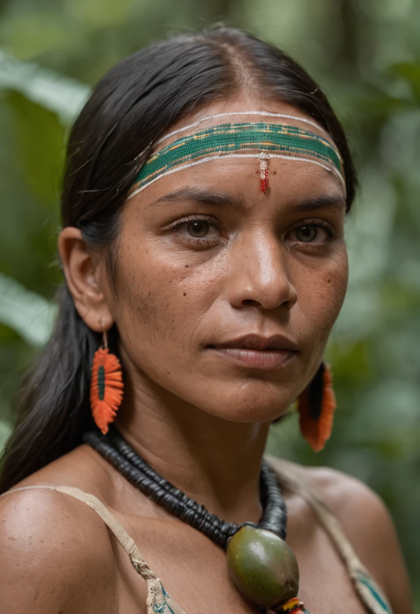 crie um retrato de uma mulher indigena, com fundo mostrando a selva amazonica