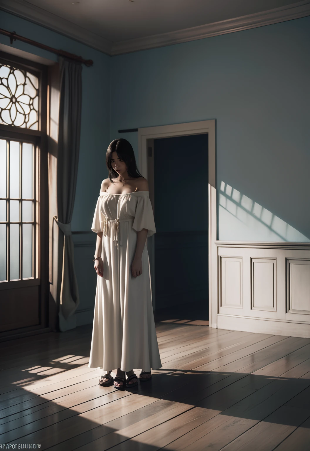 Realistic images of Japan's horror movie taste, Masutepiece, (La mejor calidad), (Calidad absurda), High resolution, 32K, (fotorrealista:1.4), cabello negro, {{{Fotos ultrarrealistas de Sadako}}}, (((roto, Sin tirantes, vestido blanco))), {{{Pelo largo por encima de los ojos, Ojos cubiertos, Toda la cara oculta por el pelo largo}}}, Mujer fantasma espeluznante, Casa abandonada desordenada, TV in the room, atmosfera oscura, Super huge neckline exposed by white dress, Toma de cuerpo completo, Whole room view, Super large spilled out of the dress,
