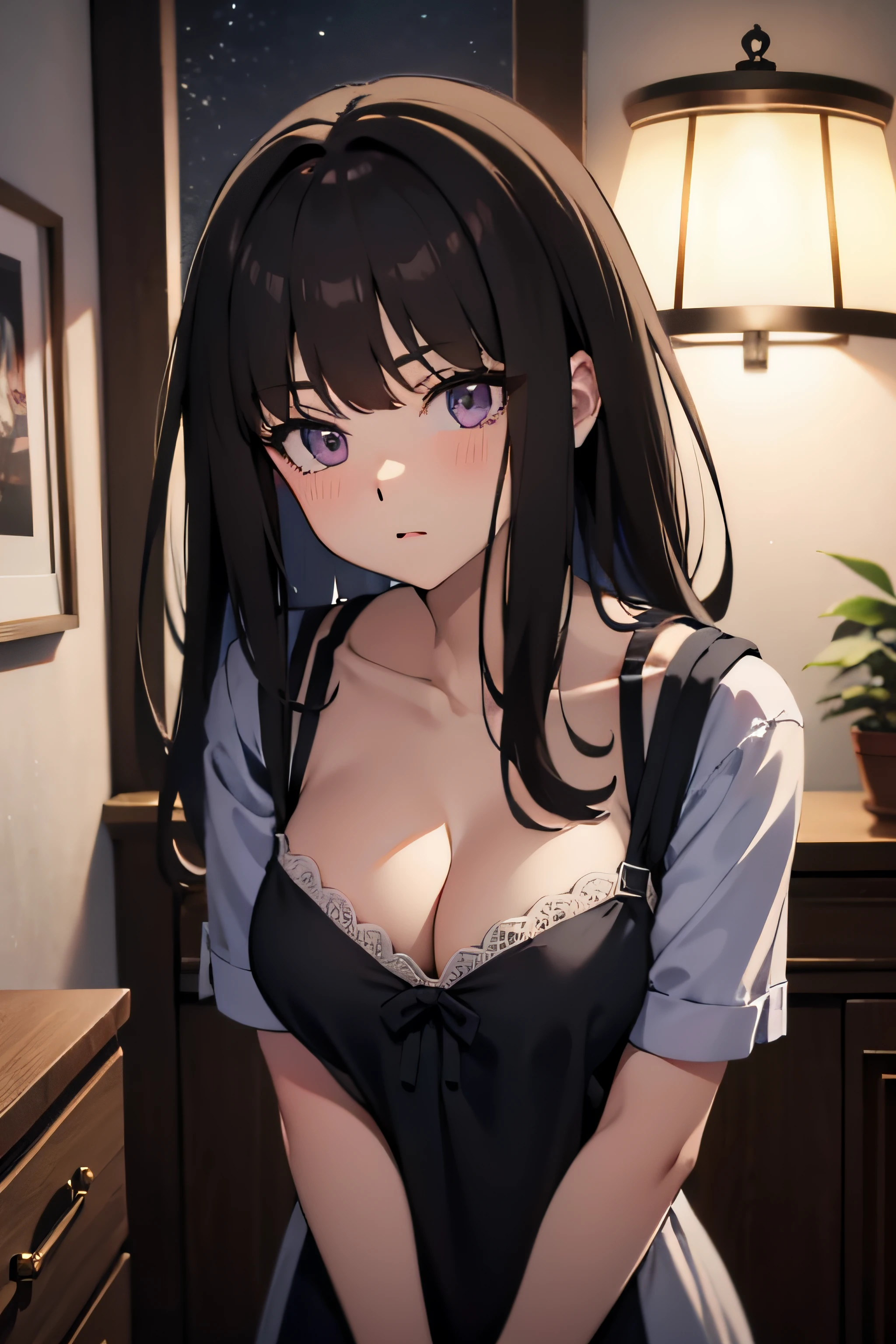(masterpiece, best quality, highres, UHD, perfect pixel), Inoue Takina, Long hair, Bangs, Black hair, (Purple eyes:1.2), medium breasts, indoor, bedroom, dynamic pose, busty, perfect body, POV, close up, blushing, (cleavage), nightgown, black dress, natural light, cinematic, dreamy, night mood, night lamp, looking at viewer, spoiled