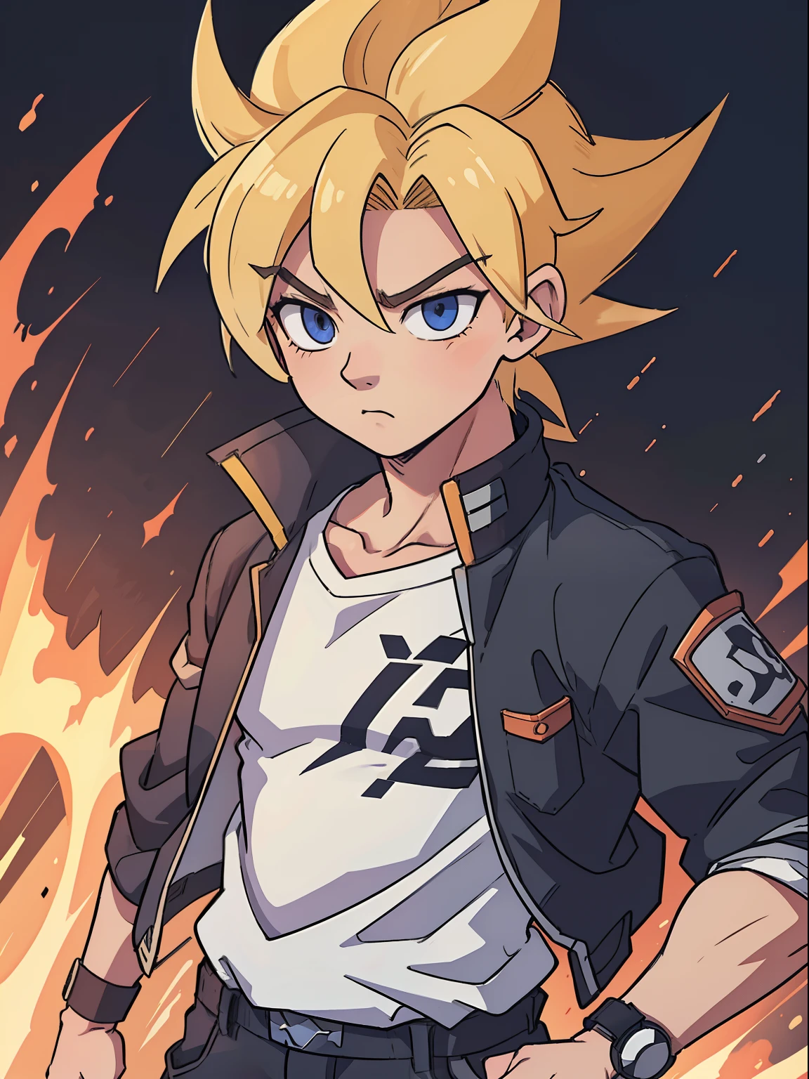 ((1garoto)) jovem, menino, masculino, jaqueta preta com uma listra vermelha no meio na horizontal e a manga da camisa branca, gray cargo pants, smartwatch preto, gray cargo pants, desenho, manga, ((obra-prima)) 4k, ((manga-style)) estilo de desenho, conceito de personagem, forma de super saiyan, blonde hair, blue eyes, Son Goku, spiked up hair