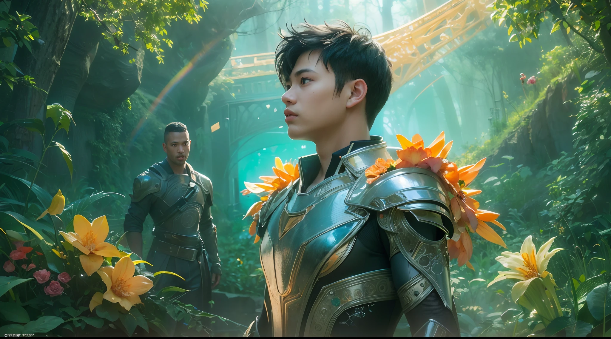 1boy, photo of very very handsome suave smiling young 25-year-old male Chinese prince, clothed in futuristic cybernetic armor, wearing a large futuristic crown, walking in an ethereal enchanted forest with neon glowing flowers and a rainbow in the sky, sci-fi, intricate, neon light, ((perfect face)), ((perfect hands)), ((perfect body)), ((correct anatomy)), ((ultra-realistic)), ((8k, UHD)), highly detailed, digital painting, artstation, concept art, human anatomy, soft light, smooth, illustration, art by tian zi and craig mullins and WLOP and alphonse mucha