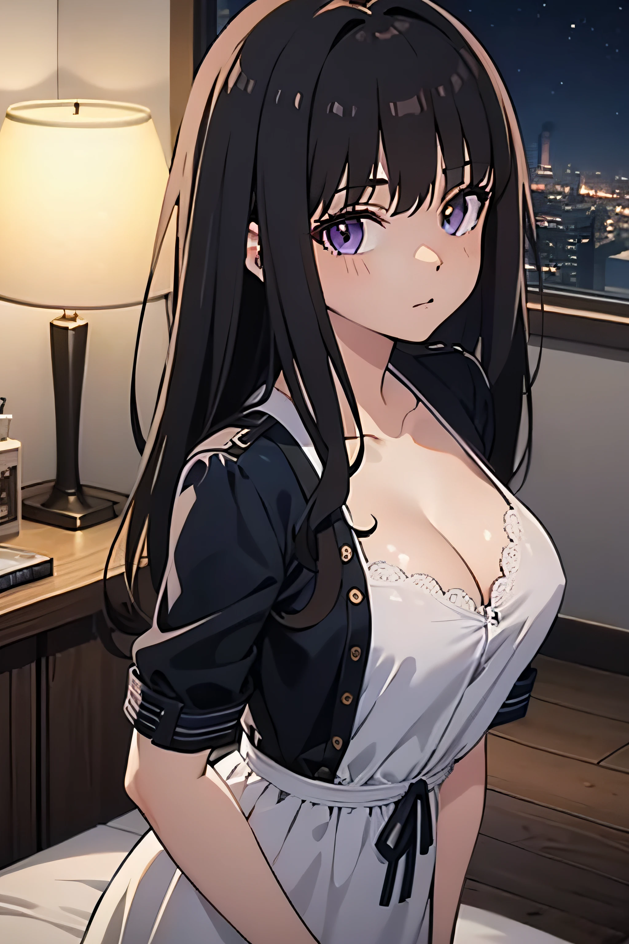 (masterpiece, best quality, highres, UHD, perfect pixel), Inoue Takina, Long hair, Bangs, Black hair, (Purple eyes:1.2), medium breasts, indoor, bedroom, dynamic pose, busty, perfect body, POV, close up, blushing, (cleavage), nightgown, black dress, natural light, cinematic, dreamy, night mood, night lamp, looking at viewer, spoiled