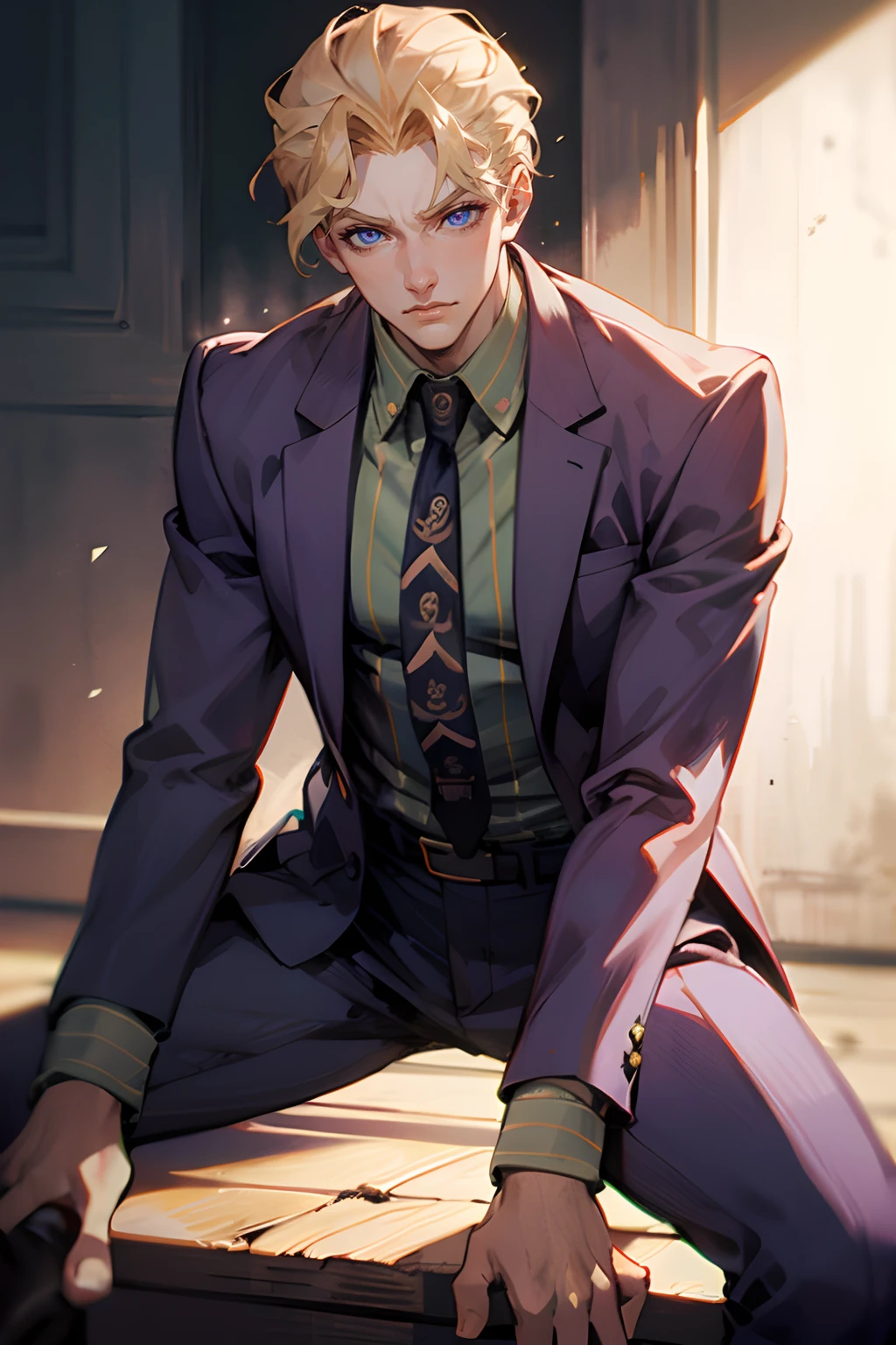 kirayoshikage, kira yoshikage, 1boy, blonde hair, short hair, mature male, cheekbones, purple eyes,
BREAK belt, formal, necktie, shoes, suit,,
BREAK looking at viewer,
BREAK outdoors, park,
BREAK (masterpiece:1.2), best quality, high resolution, unity 8k wallpaper, (illustration:0.8), (beautiful detailed eyes:1.6), extremely detailed face, perfect lighting, extremely detailed CG, (perfect hands, perfect anatomy),