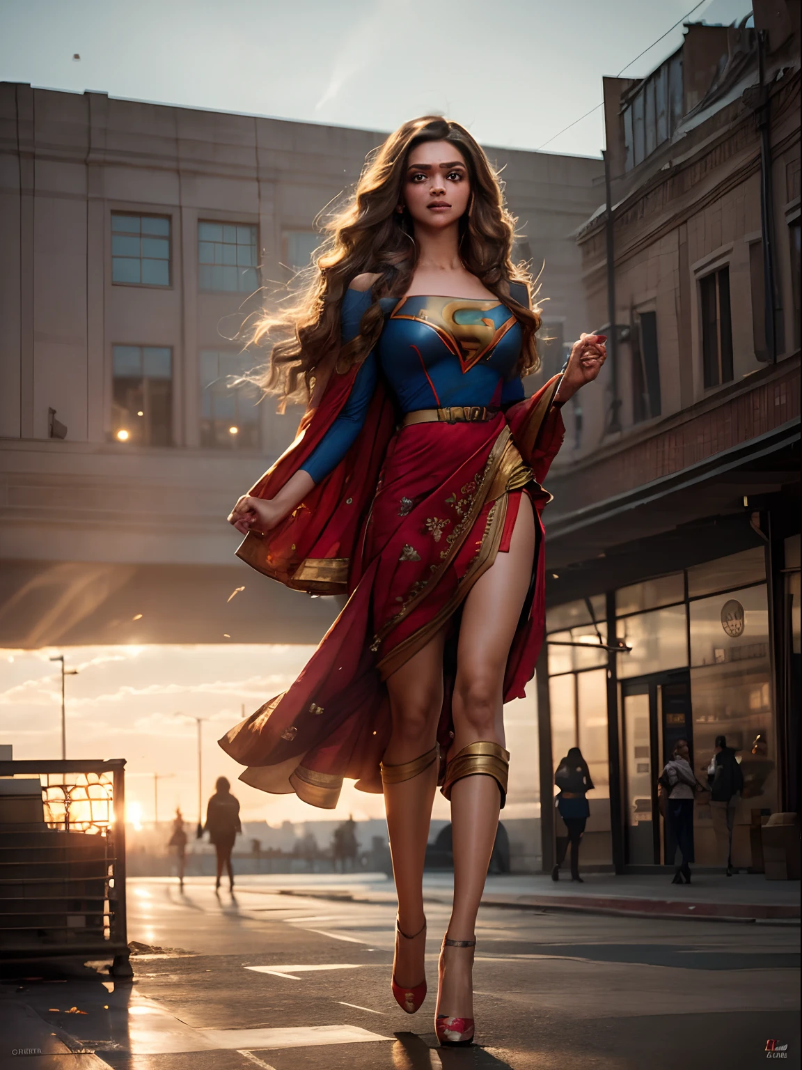 The character Mary Marvel, beautiful face, beautiful smile, perfect red costume, smooth curves, perfect white and golden cape, lightning and thunder in the background... perfect hands anatomy
