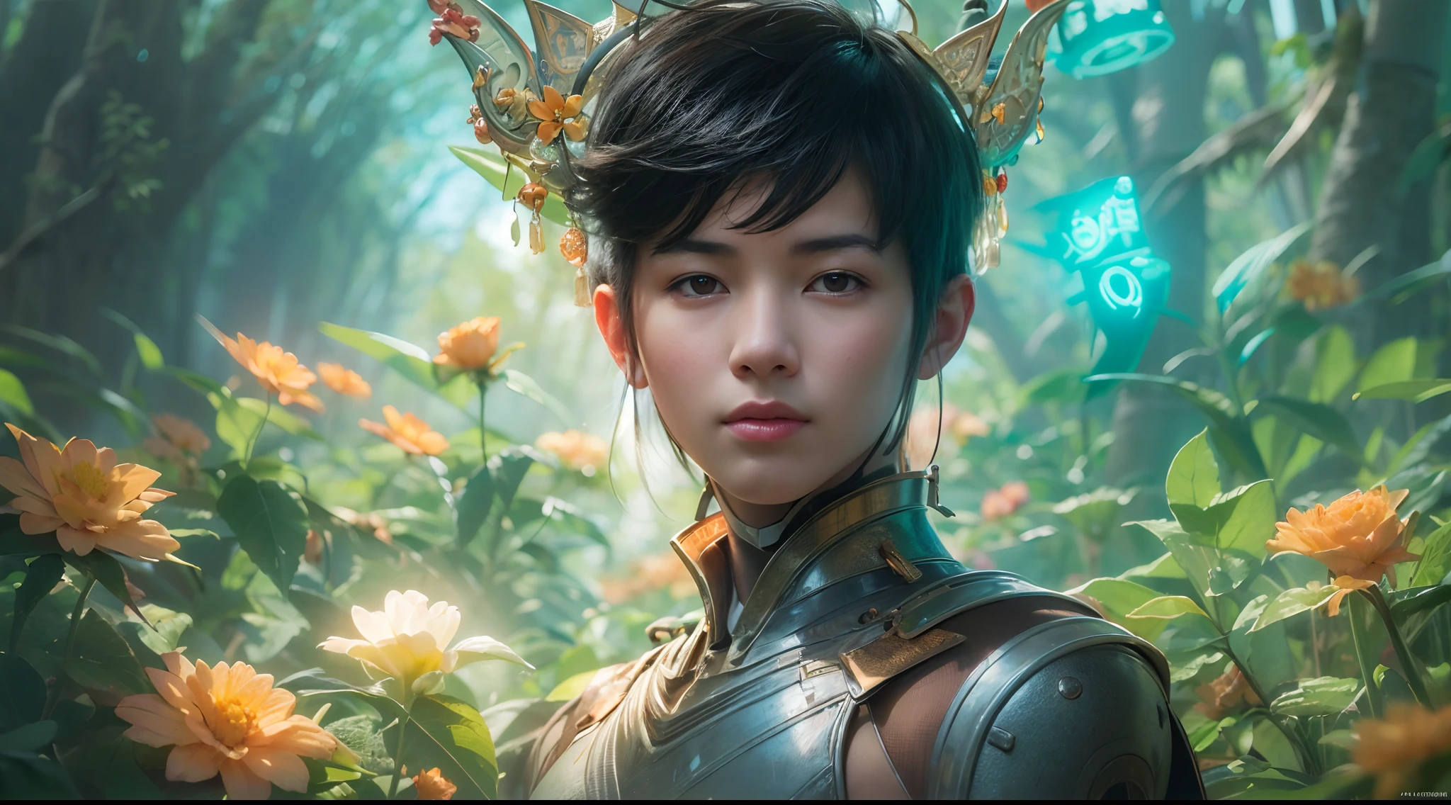 1boy, photo of very very handsome suave smiling young 25-year-old male Chinese prince, clothed in futuristic cybernetic armor, wearing a large futuristic crown, walking in an ethereal enchanted forest with neon glowing flowers and a rainbow in the sky, sci-fi, intricate, neon light, ((perfect face)), ((perfect hands)), ((perfect body)), ((correct anatomy)), ((ultra-realistic)), ((8k, UHD)), highly detailed, digital painting, artstation, concept art, human anatomy, soft light, smooth, illustration, art by tian zi and craig mullins and WLOP and alphonse mucha