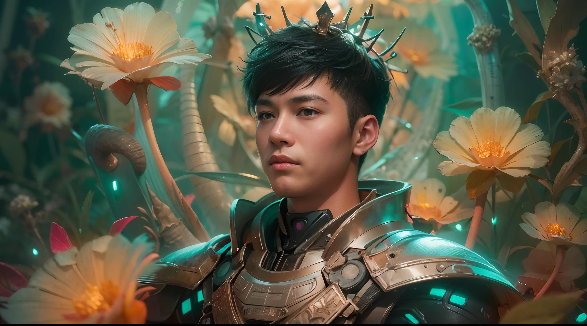 1boy, photo of very very handsome suave smiling young 25-year-old male Chinese prince, clothed in futuristic cybernetic armor, wearing a large futuristic crown, walking in an ethereal enchanted forest with neon glowing flowers and a rainbow in the sky, sci-fi, intricate, neon light, ((perfect face)), ((perfect hands)), ((perfect body)), ((correct anatomy)), ((ultra-realistic)), ((8k, UHD)), highly detailed, digital painting, artstation, concept art, human anatomy, soft light, smooth, illustration, art by tian zi and craig mullins and WLOP and alphonse mucha