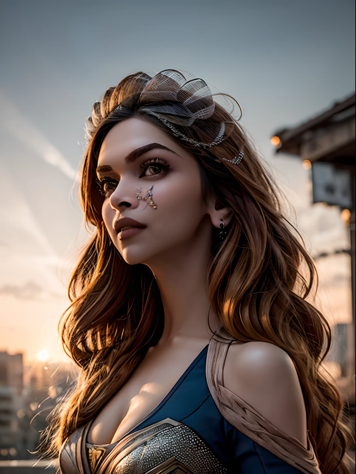Hyper realistic,((Deepika Padukone, Loren Gray, Nina Dobrev face)), as DC's Supergirl, superhero pose, standing in city at sunset, hyperdetailed, sunbeams, (8k), realistic, symmetrical, award-winning, cinematic lightning, film, 75mm, full body shot, close-up, torn detailed face,