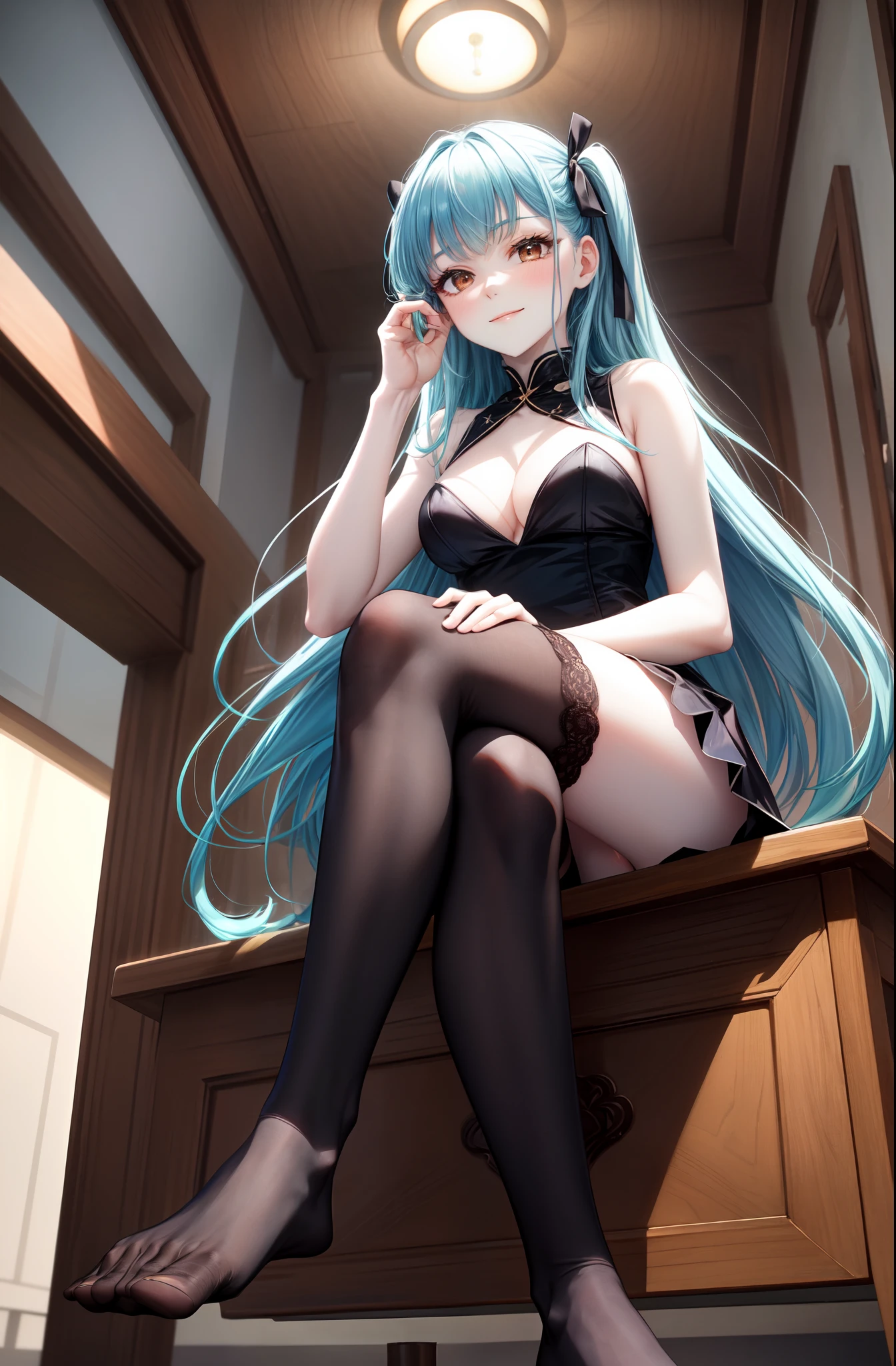 foot towards camera, foot towards viewer, from below, (black thighhighs), showing foot to viewer, (presenting foot), looking at viewer, from below, ((hand on own thighs)), eyelashes, (pale skin:1.4), anime style, masterpiece, 8k, sharp details, 1girl, solo, light blue hair, full body black dress with skirt, mature female, medium breasts, black side twin hair ribbon, brown eyes, long hair, sleeveless, closed mouth, crossed legs, light smile, sitting