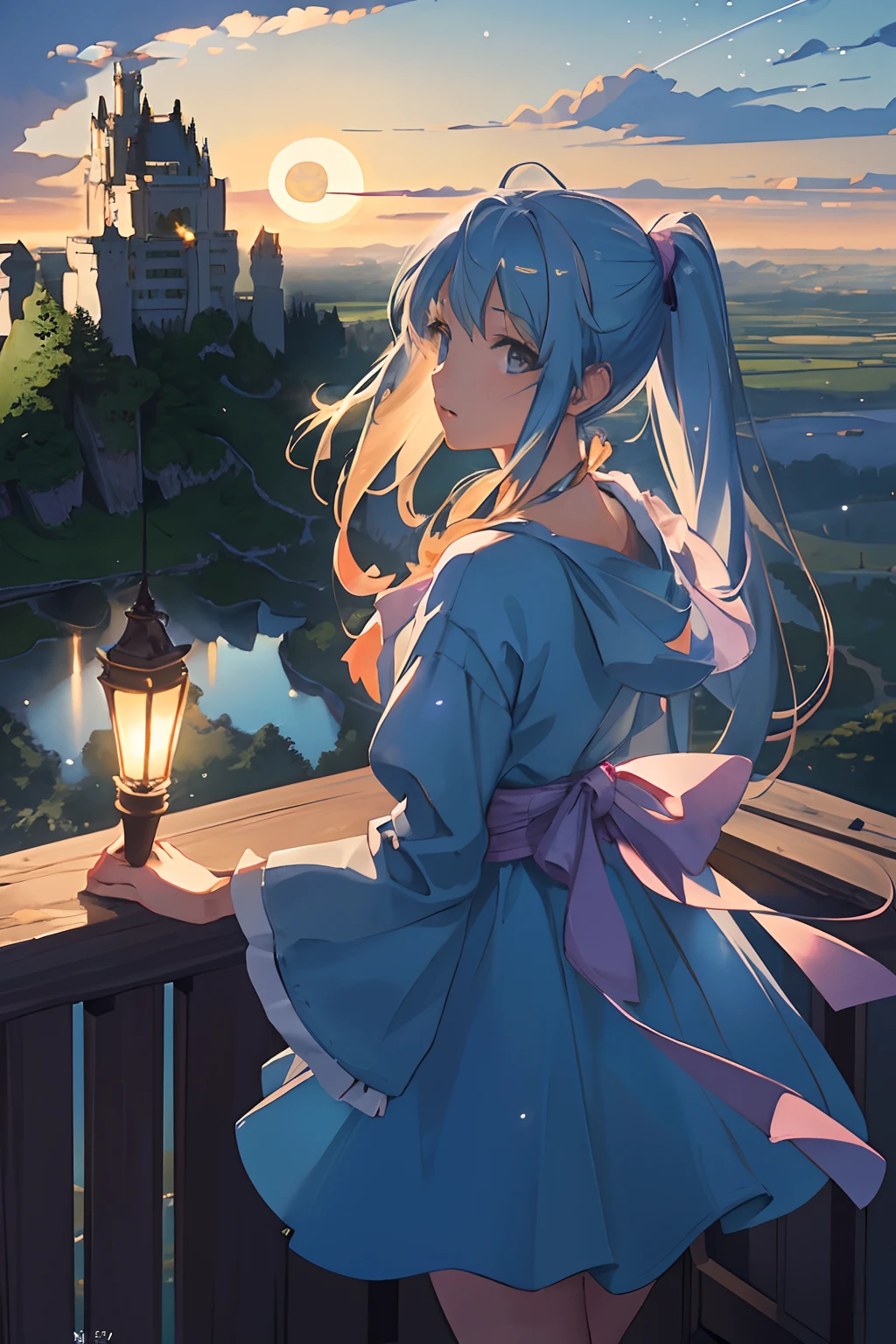 Hayao Miayazaki style, Award winning cinematic, sunrise light, (Expansive landscape photograph of Neuschwanstein castle:1.5), (view from below with a view of the sky and wilderness below), 16yo girl standing in a flower field looking up, her beautiful and cute face, her twin tail hair style, she wears simple blue dress, full moon: 1.2), (shooting star: 0.9), (nebula: 1.3), distant mountain, tree break production art, (warm light source: 1.2), (firefly: 1.2), lamp, purple and orange, intricate detail, volume lighting, realism break (masterpiece: 1.2) (Best Quality), 4K, Ultra-Detailed, (Dynamic Configuration: 1.4), Highly Detailed and Colorful Details, (Iridescent Colors: 1.2), (Glowing Lighting, Atmospheric Lighting), Dreamy, Magical, (Solo: 1.2)