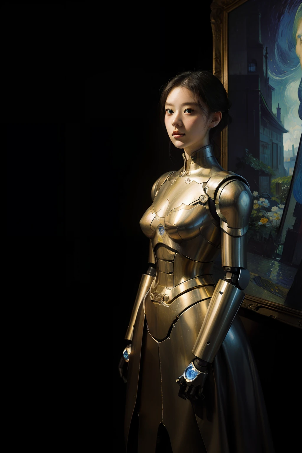 Van Gogh-inspired concept art、Beautiful AI robot woman