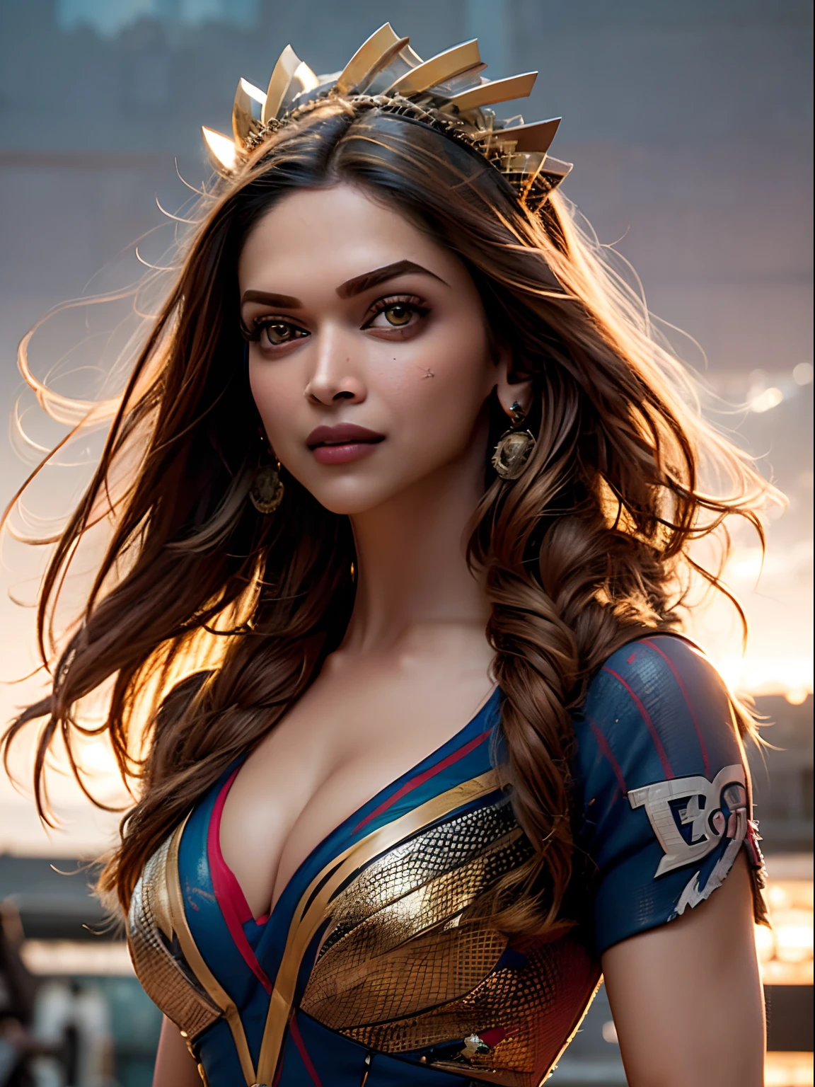 Hyper realistic,((Deepika Padukone, Loren Gray, Nina Dobrev face)), as DC's Supergirl, superhero pose, standing in city at sunset, hyperdetailed, sunbeams, (8k), realistic, symmetrical, award-winning, cinematic lightning, film, 75mm, full body shot, close-up, torn detailed face,