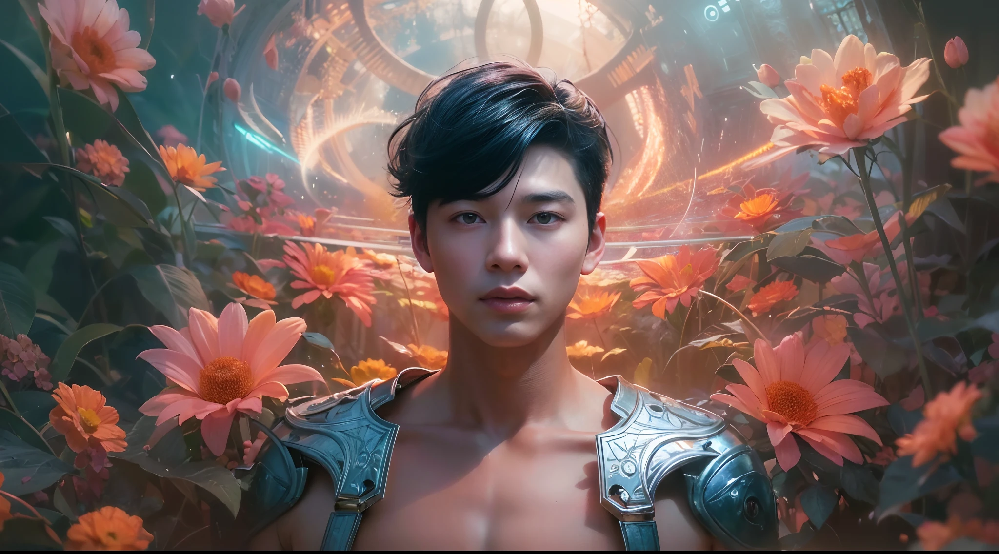 1boy, photo of very very handsome suave smiling young 25-year-old male Chinese prince, clothed in futuristic cybernetic armor, wearing a large futuristic crown, walking in an ethereal enchanted forest with neon glowing flowers and a rainbow in the sky, sci-fi, intricate, neon light, ((perfect face)), ((perfect hands)), ((perfect body)), ((correct anatomy)), ((ultra-realistic)), ((8k, UHD)), highly detailed, digital painting, artstation, concept art, human anatomy, soft light, smooth, illustration, art by tian zi and craig mullins and WLOP and alphonse mucha