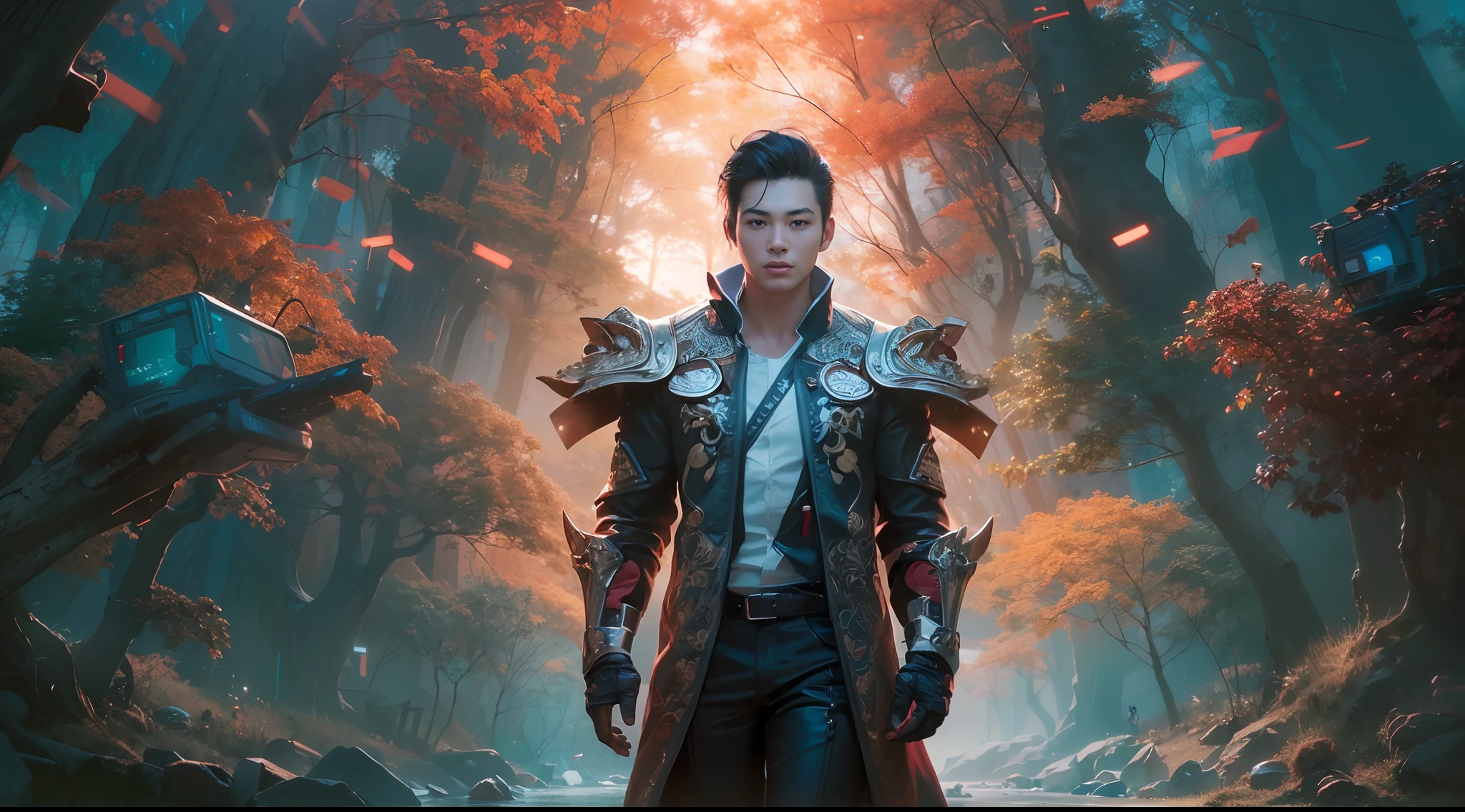 1boy, photo of very very handsome suave smiling young 25-year-old male Chinese prince, clothed in futuristic cybernetic armor, wearing a large futuristic crown, walking in an ethereal enchanted forest with neon glowing flowers and a rainbow in the sky, sci-fi, intricate, neon light, ((perfect face)), ((perfect hands)), ((perfect body)), ((correct anatomy)), ((ultra-realistic)), ((8k, UHD)), highly detailed, digital painting, artstation, concept art, human anatomy, soft light, smooth, illustration, art by tian zi and craig mullins and WLOP and alphonse mucha