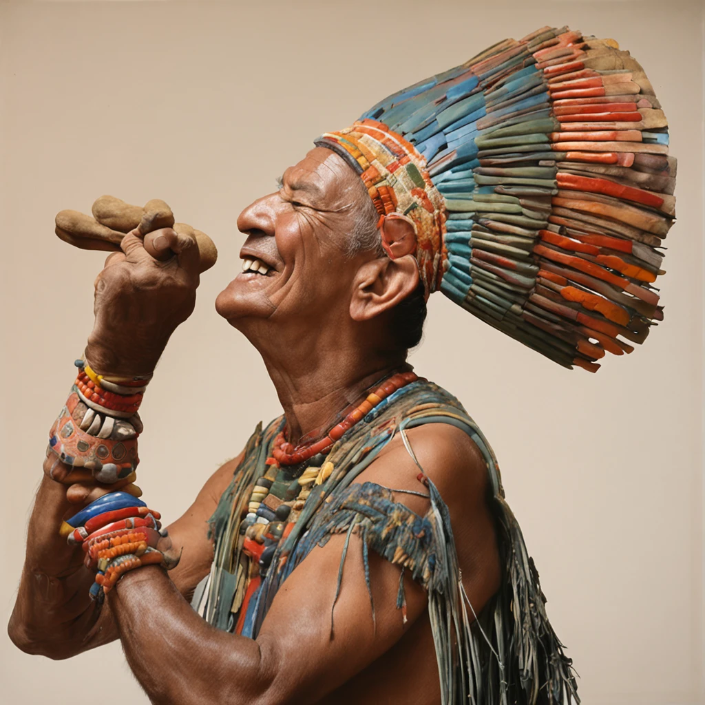 side view, full body, 600 B.C. a man, spiritual leader of the Mesoamerican civilization of Teotihuacan, adorned with body paintings, necklace and headdress typical of his people, he laughs and offers a clay cup, extending his hand in front, but there is no one in front of him, no background, style of Jacques-Louis David.