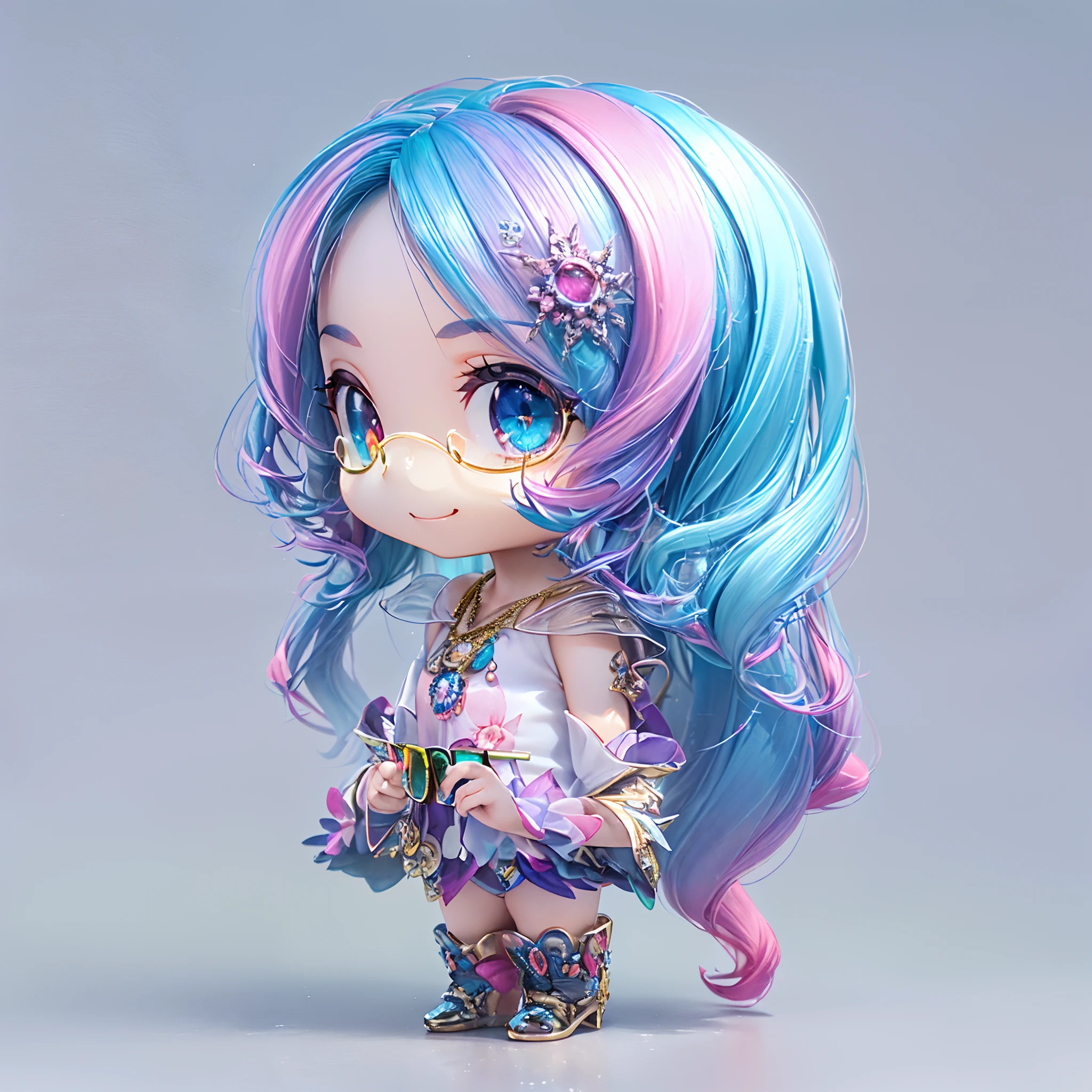 (Chibi:1.5)((masutepiece, of the highest quality, Watercolor art (Pendants), Beautiful and aesthetic: 1.2)), (Golden ratio: 1.2), (Full body: 1.2), (Super Detail: 1.3), (1 girl in: 1.3), (Fractal Art: 1.3), (Glitter Pupil)),(eye glass:1.5) ,(Iridescent hair, Colorful hair, Half light blue and half pink hair: 1.2)), (Heterochromia), (Colorful: 1.5), (((Shy face)), (full body Esbian), (Hyper-detailing), ((delicate detail)), (intricate-detail), ((Cinematic Light, Highest quality backlight)), High contrast, ((The best lighting, Very delicate and beautiful)), (( Cinematic Light)), (ray trace reflection, Glow), (((glowing aura)), ((Glowing hair)), ((Super Detail)), (8K)), ((a closeup)), ((Seductive smile)) ,((FULL BODYSHOT))、(Chibi:1.5)、(3D Rendering:1.5, Plastic Texture:1.5, Chibi deformation:1.5, Full body, Front view:1.5)