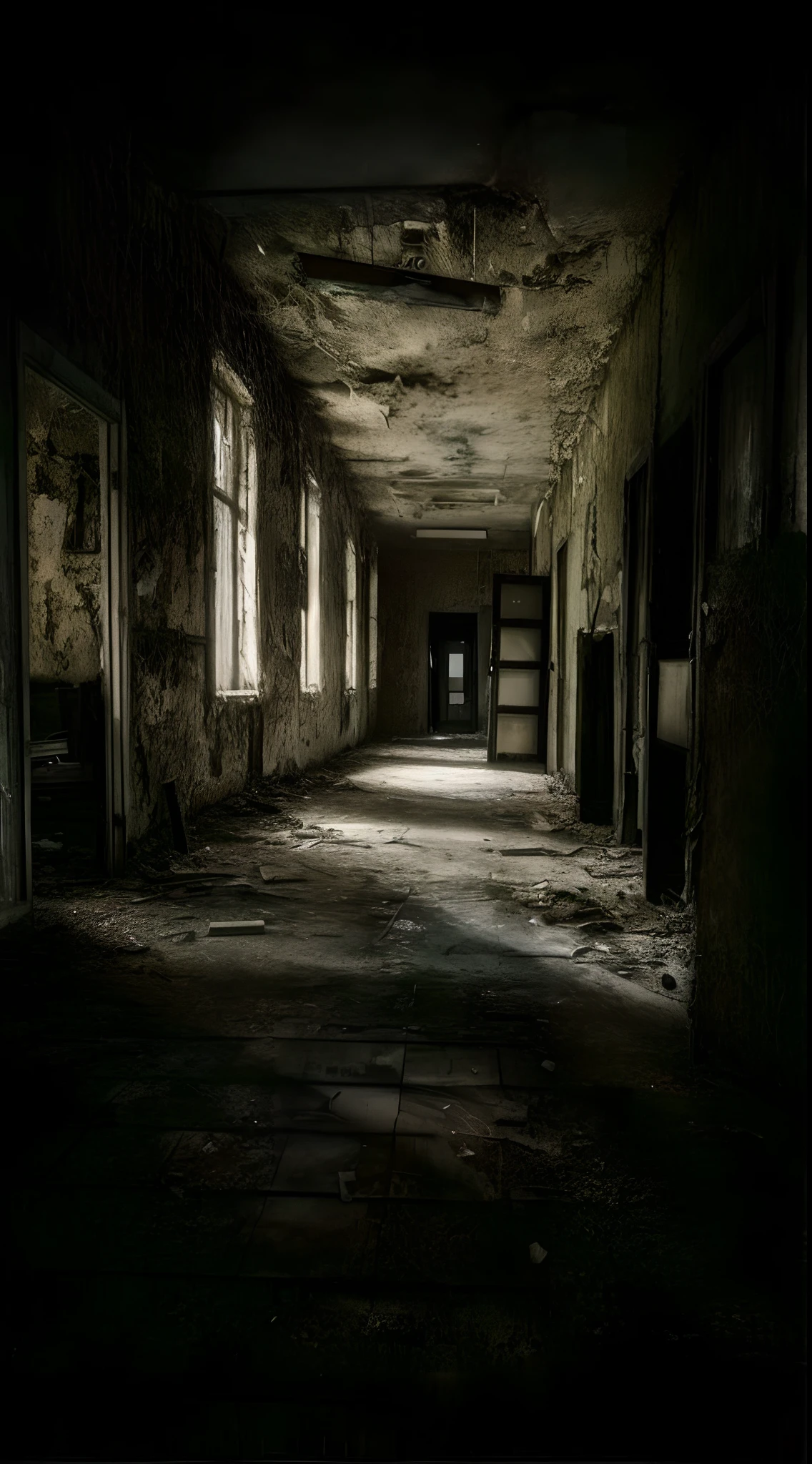 arafed room with a door and windows in an old building, abandoned asylum, very dark and abandoned, abandoned hospital, dark abandoned hallway at night, creepy and dramatic atmosphere, dark and gritty, dark hallways, abandoned buildings, in a decayed hospital room, interior abandoned hospital, eerie looking, urbex, abandoned, an abandoned old, eerie room