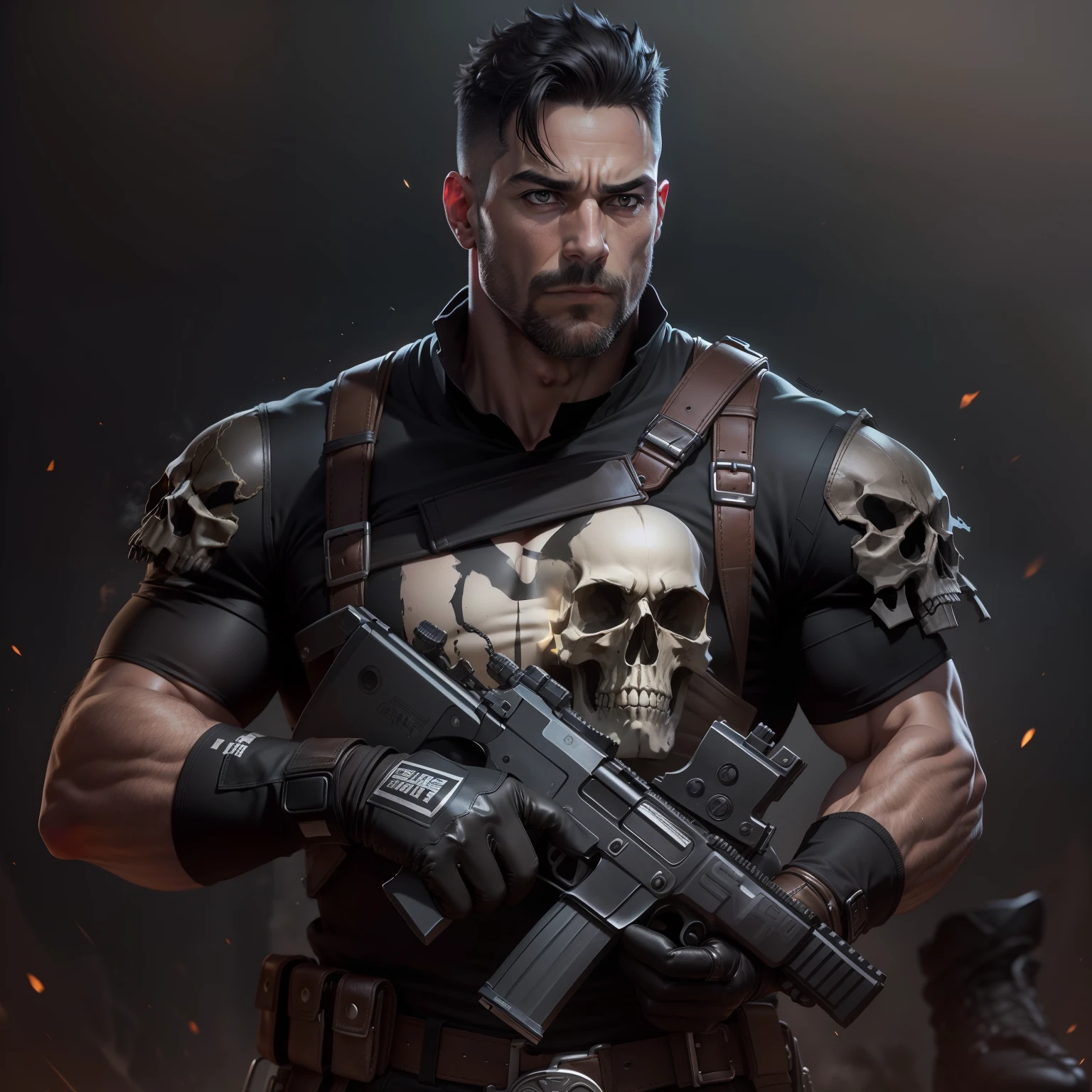 (High res, best quality, masterpiece) adult male, (solo male), 40 years old, older male, harsh lighting 4k, dramatic lighting 4k, full body, athletic build, muscular, rugged look, serious expression, short black hair, brown eyes, (detailed eyes), chin strap, (holding, guns: pistols), bulletproof vest, ((white skull_chest)), ((gloves: black)), shirt: black, graphic T: skull, boots: brown,