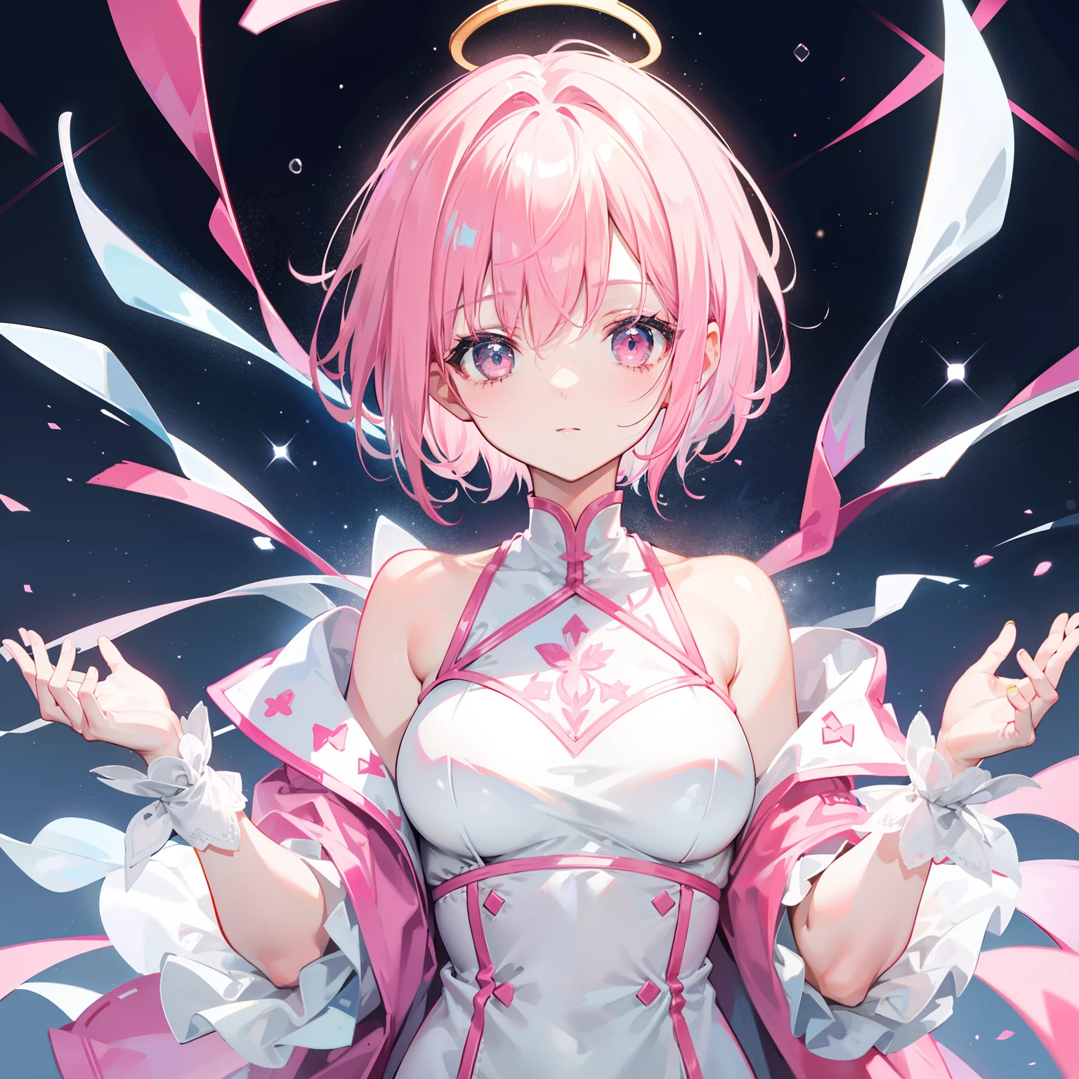 Short pink hair,The body is slender,Clothes with silver and white are decorated with pink with a little yellow,Like a shining star,It's a clip sound soft girl