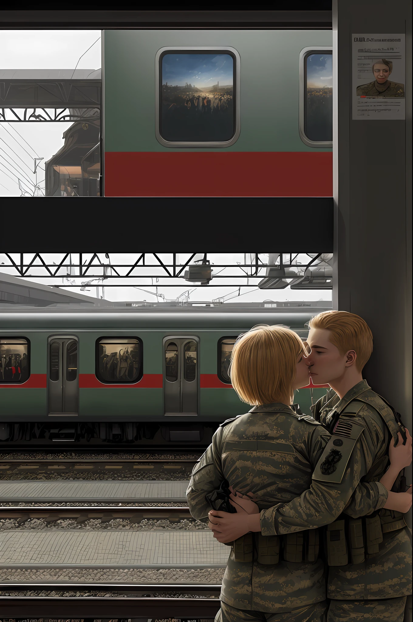 high details, best quality, 8k, [ultra detailed], masterpiece, best quality, (extremely detailed), full body, ultra wide shot, photorealistic,  realistic art, a wide angle, (((anatomically correct))) a picture of  two lovers saying goodbye at the train station, 1 extremley beatiful woman (intense details, Masterpiece, best quality: 1.5), woman army officer, woam military personel (intense details, Masterpiece, best quality: 1.5), ultra detailed face, blond hair, short hair, blue eyes, wearing army uniforms, armed with a pistol side arm, [[and ]] 1 good looking civilian man, civilian man (intense details, Masterpiece, best quality: 1.5), civilian clothing, ultra detailed face, black hair, green eyes, a view from short distance train station background, sense of farewell, atmosphere of departure