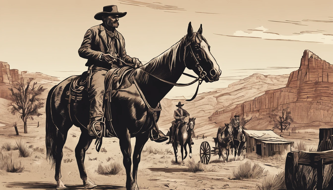 American Old West - Drawing - A pretty girl arrives beside one of the gunslingers , of a group of six gunmen mounted on their horses -
Realistic – Cinematic – 16:9 ar