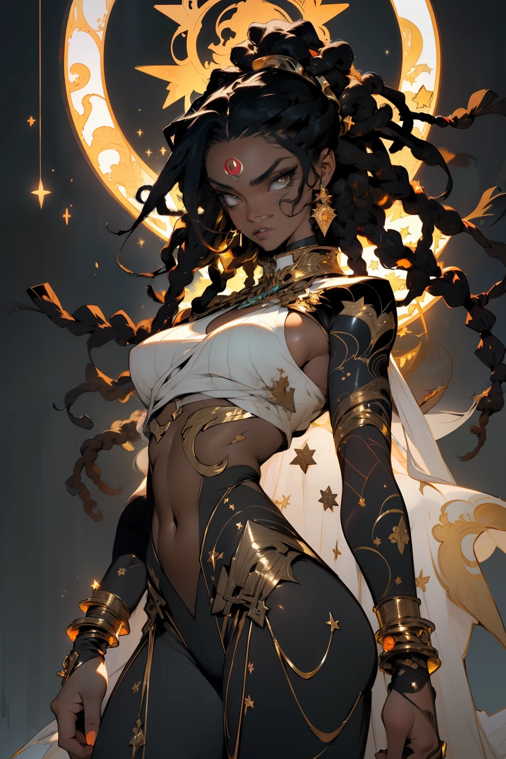 ((Best quality)), ((masterpiece)), (detailed: 1.4), (Absurd), muscular woman of 35 years, black kinetic skin with (((exposed black muscles)))), hot woman, sculptural body with defined muscles, closed mouth, muscular body covered by a micro thong, whole body covered by Genesis evangelion neon style clothing, (((large breasts)), (eyes with heavy and very black makeup), (((white dreadlock hair)), (stars covering the body), ((drawings of golden stars on the arms)), very long eyelashes, heavy eye makeup, lots of jewelry, by mucha, niji --V5, close to real, psychopath, crazy face, sexy pose, 2 piece clothes, pastel, centered, scale to fit the dimensions