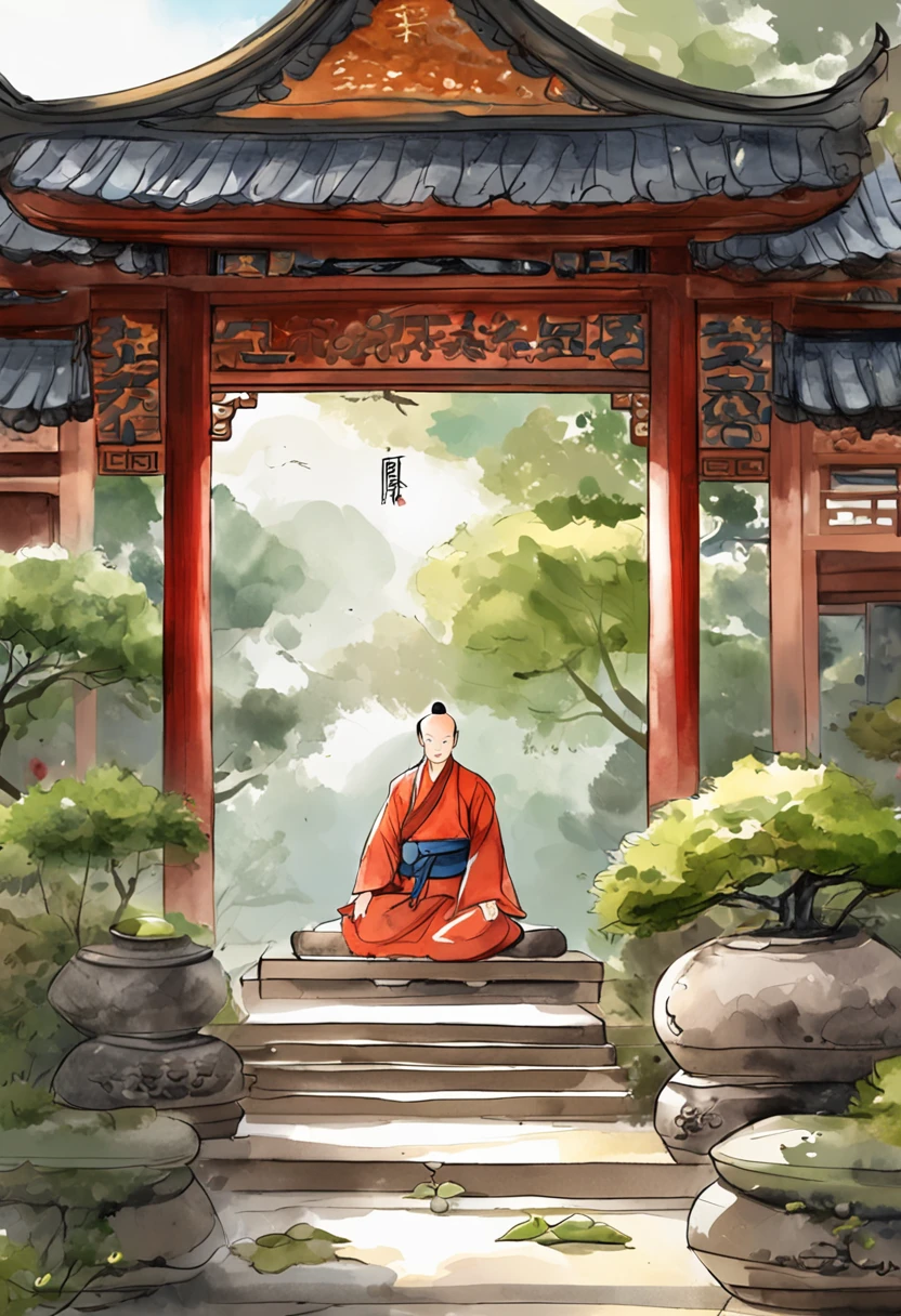 In a quaint Han Dynasty style temple,There are numerous buildings,The courtyard is covered with moss,There are many ancient trees outside the temple,There was a young monk cleaning the fallen leaves on the steps,There was a light rain in the sky,no sun