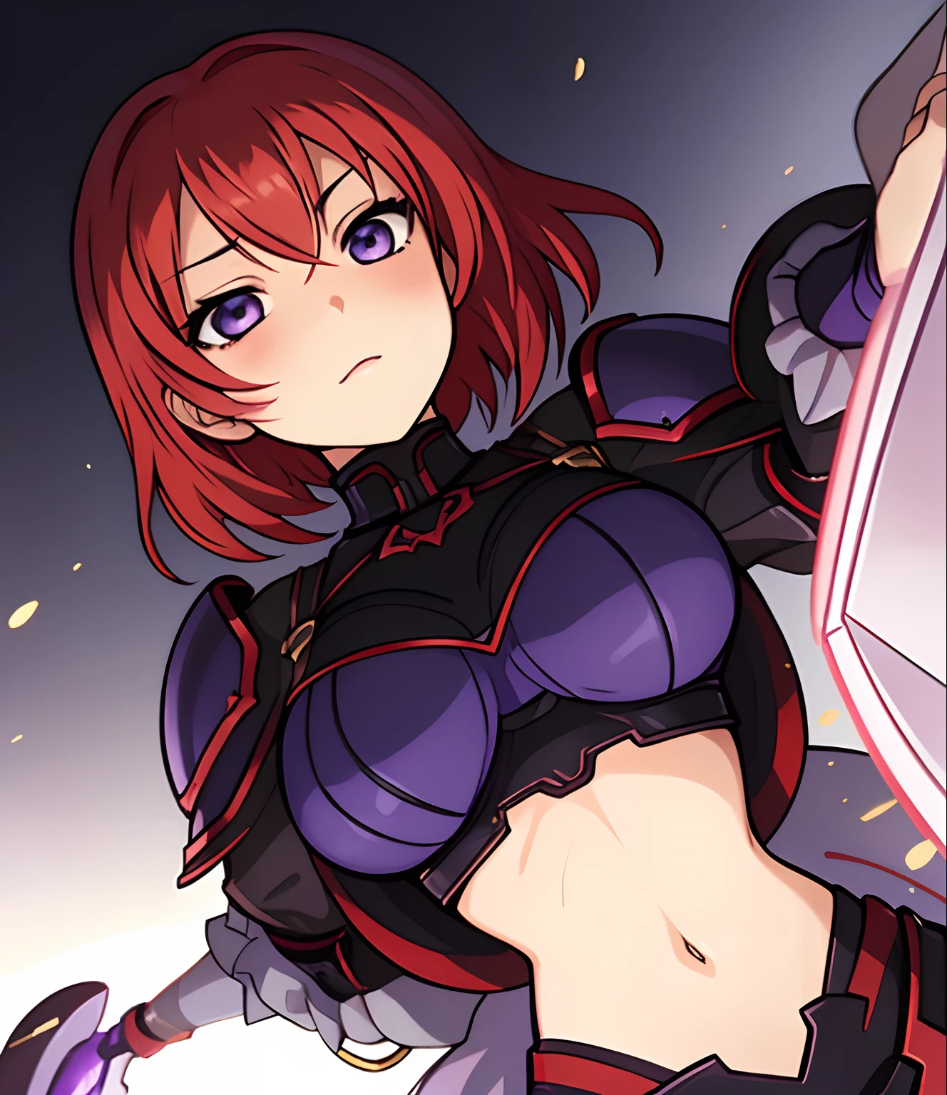 Nishikino maki, Purple eyes, red hair, short hair,(armor:1.2),Golden Armor , llchar,  upper body,solo, face close up,(big breasts:1.2),chibi