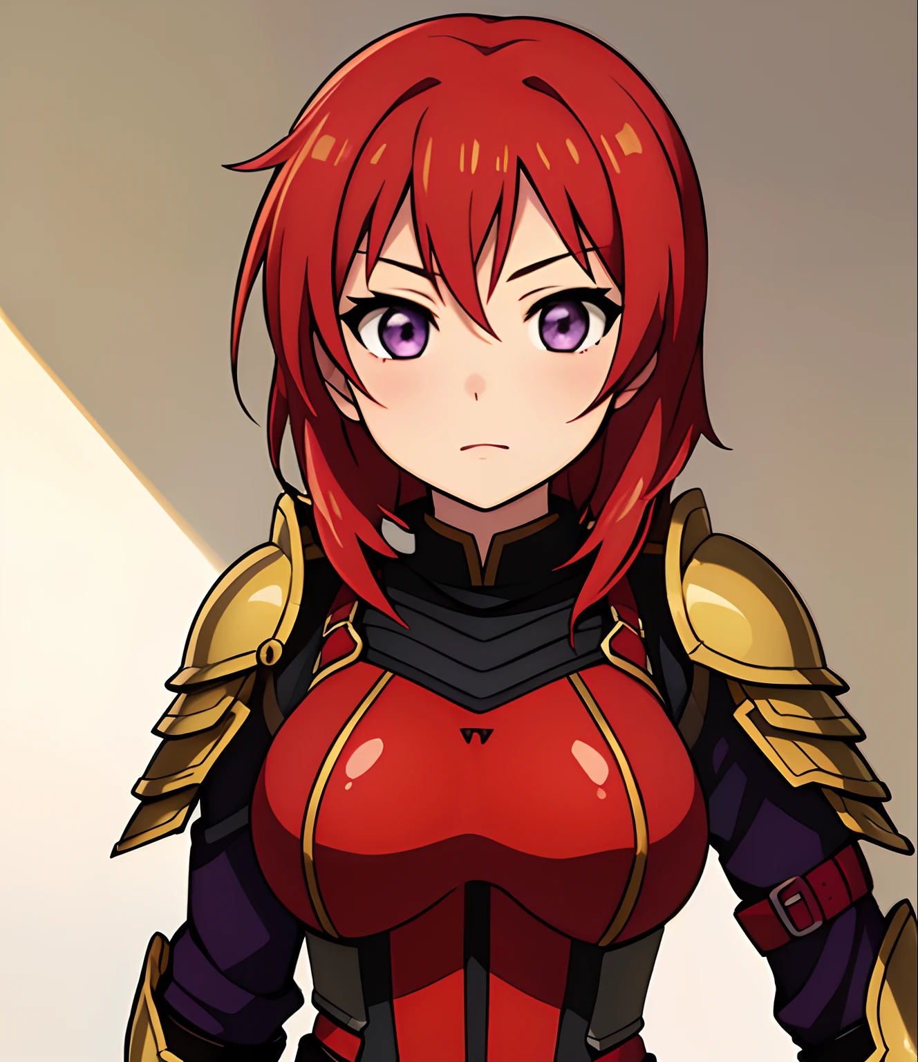 Nishikino maki, Purple eyes, red hair, short hair,(armor:1.2),Golden Armor , llchar,  upper body,solo, face close up,(big breasts:1.2),chibi