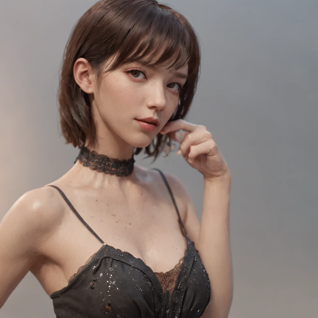 (professional 3d render:1.3) af (Realistic:1.3) most beautiful artwork photo in the world，Features soft and shiny female, (( short hair, bangs, nsfw, topless, pleated skirt, choker, oily skin, wet skin, Majestic cluttered environment)), full body 8k unity render, action  shot, skin pore, very dark lighting, heavyshading, Detailed, Detailed face, (vibrant, photograph realistic, Realistic, Sharp focus, 8K) (Intricate:1.4), (Highly detailed:1.4), Digital painting, rendering by octane, art  stations, concept-art, smooth, Sharp focus, illustration, Art germ, (Global illumination, Studio light, volumettic light), heavy rain, particles floating, full bodyesbian,CGSesociety,art  stations,short hair, bangs, nsfw, topless, mesh outfit, choker, oily skin, wet skin, stockings ,nsfw