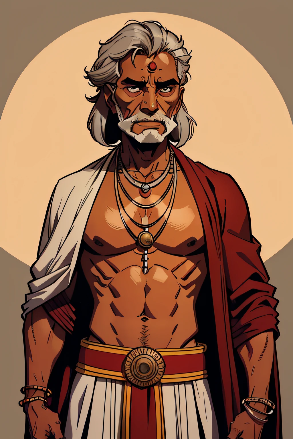 A full-bodied Indian, leader of his tribe. Aproximadamente 50 anos. Wears typical robes and a gray and red circular necklace. Tem cabelo longo. is man