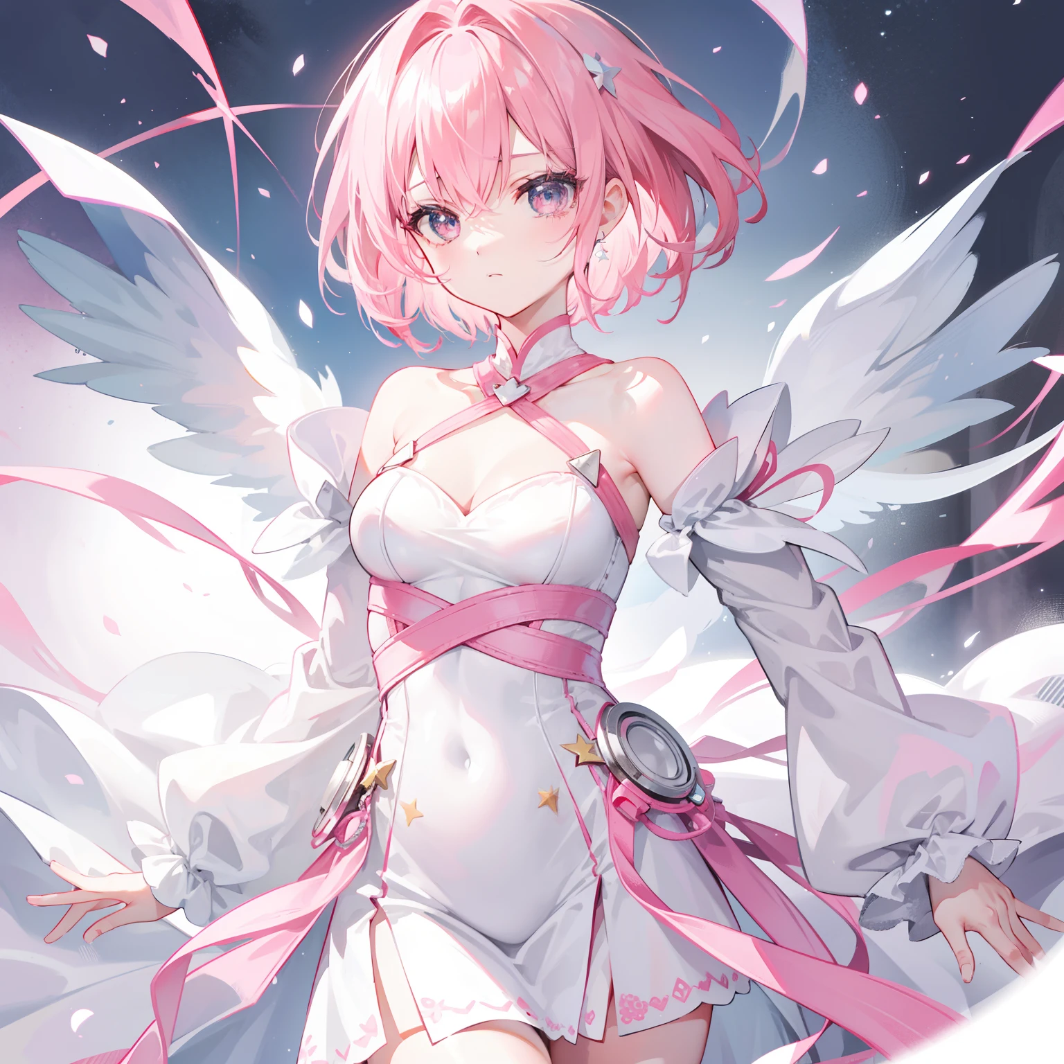Short pink hair,The body is slender,Silver and white clothes are decorated with pink and a little yellow,Like a shining star,This is a girl with a soft voice in clips