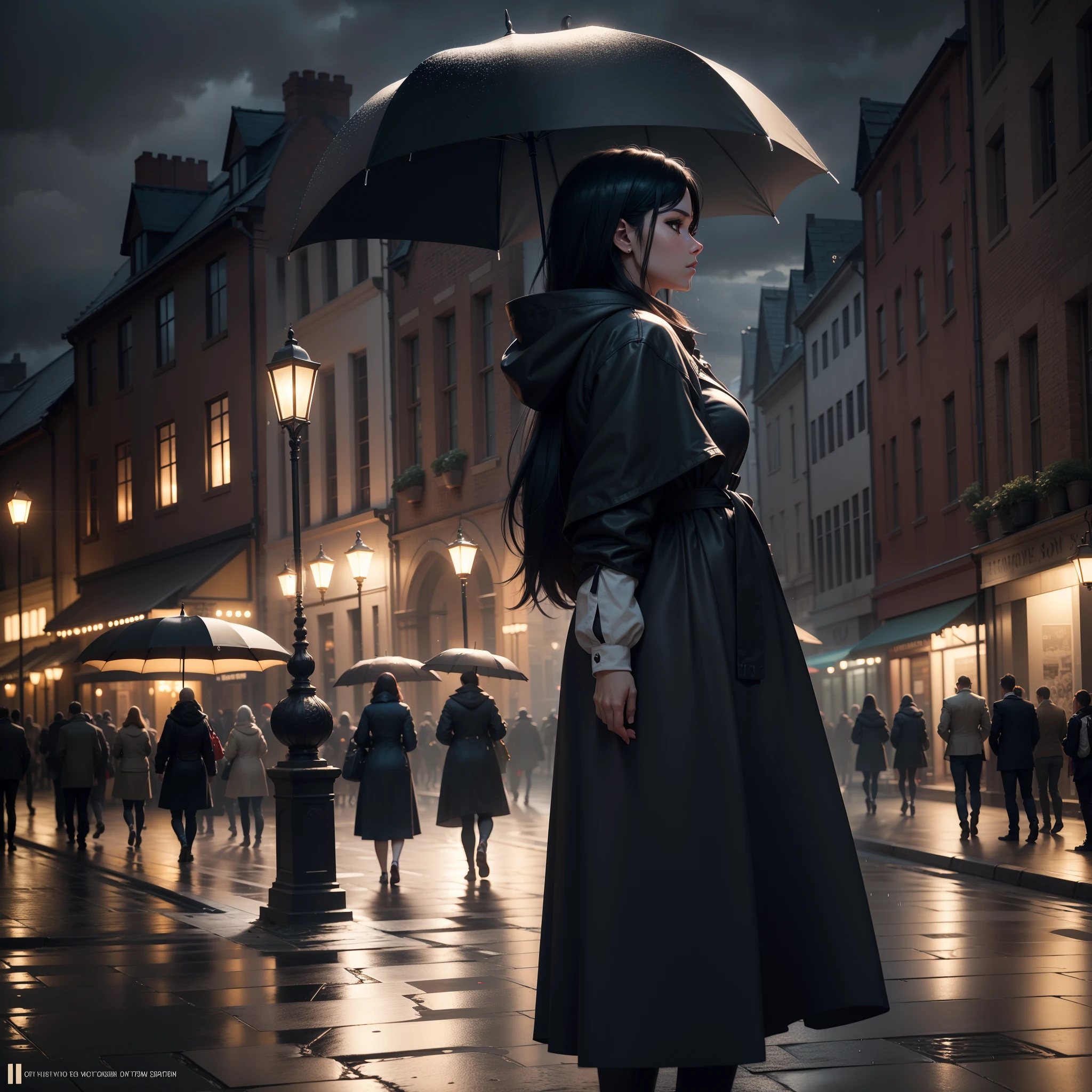 Side view of A somber black and white view of a bustling plaza, lit up by the soft yellow light of street lamps, as raindrops twinkle in the air and reach the umbrellas and raincoats of the many people that hurry across the cobblestone pavement, with iridescent light, highly detailed images, vibrant beautiful colours, photorealistic image, 8k, ultra HD, unreal engine rendered, cinematic lighting, artgerm style,