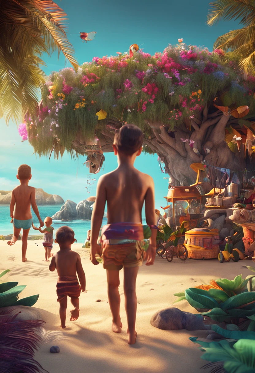 magical island with 4 children Lila, Pedro, Sofia e Leo