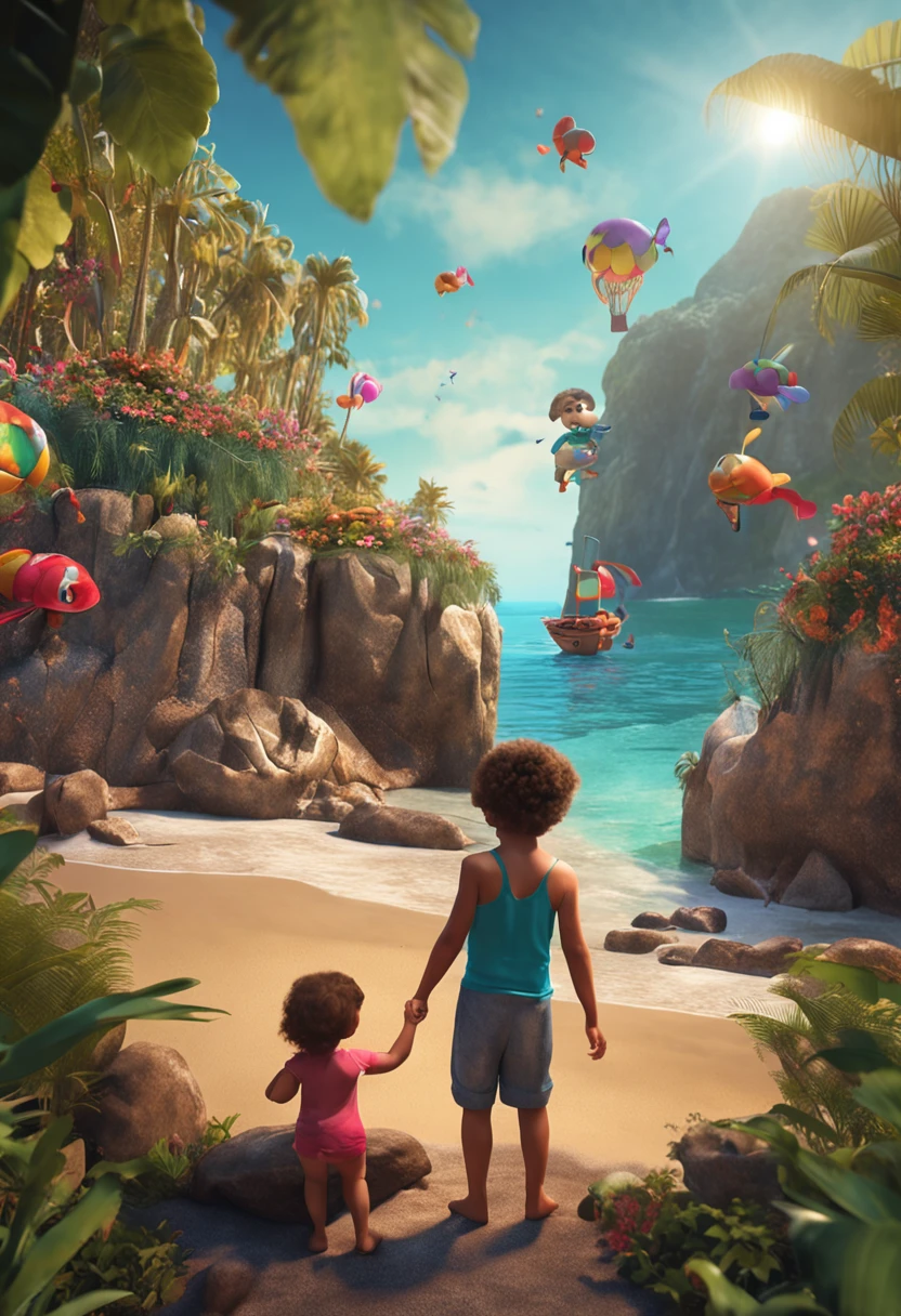 magical island with 4 children Lila, Pedro, Sofia e Leo