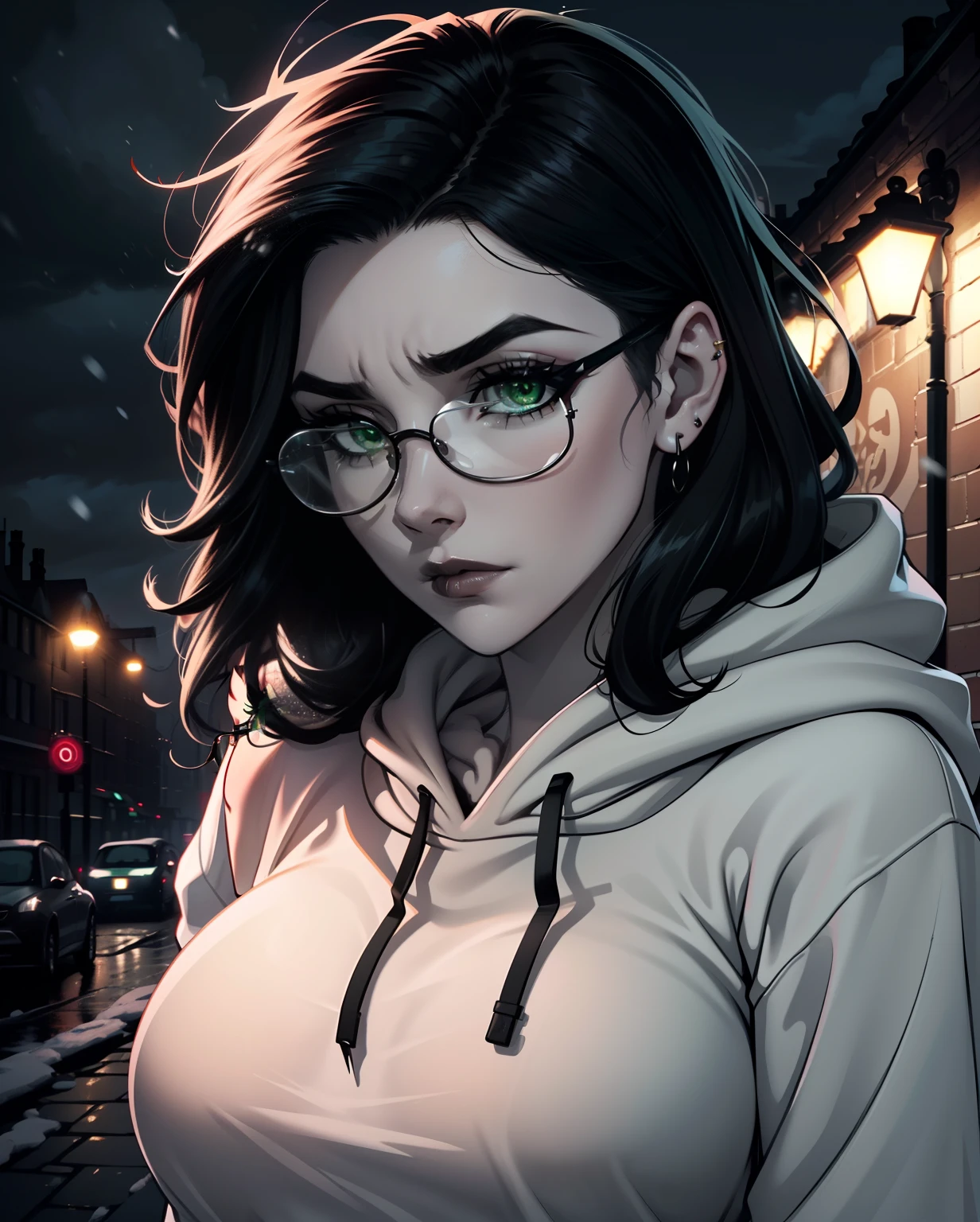 Best quality, volumetric lighting, cinematic lighting, masterpiece, ultra high res, 4k, (soft round detailed face), (sad expression), (detailed green eyes), bags under eyes, thick eyebrows, depressed, melancholy, (wearing rounded glasses), (very pale light skin), detailed black hair, ((long messy greasy hair)), (plain black hoodie), black stud earrings, black nail varnish, unwashed, unkempt, disheveled, sodium streetlamps, midnight, dark clouds, London, snow
