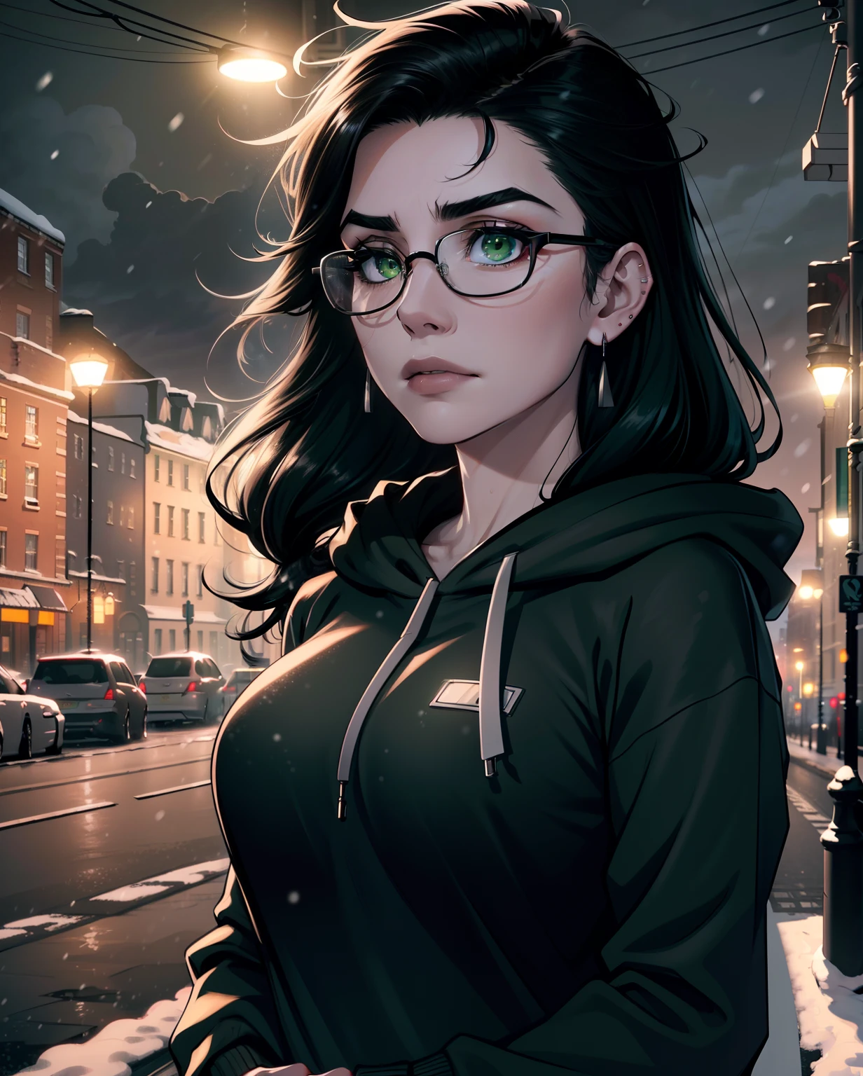 Best quality, volumetric lighting, cinematic lighting, masterpiece, ultra high res, 4k, (soft round detailed face), (sad expression), (detailed green eyes), bags under eyes, thick eyebrows, depressed, melancholy, (wearing rounded glasses), (very pale light skin), detailed black hair, ((long messy greasy hair)), (plain black hoodie), black stud earrings, black nail varnish, unwashed, unkempt, disheveled, sodium streetlamps, midnight, dark clouds, London, snow