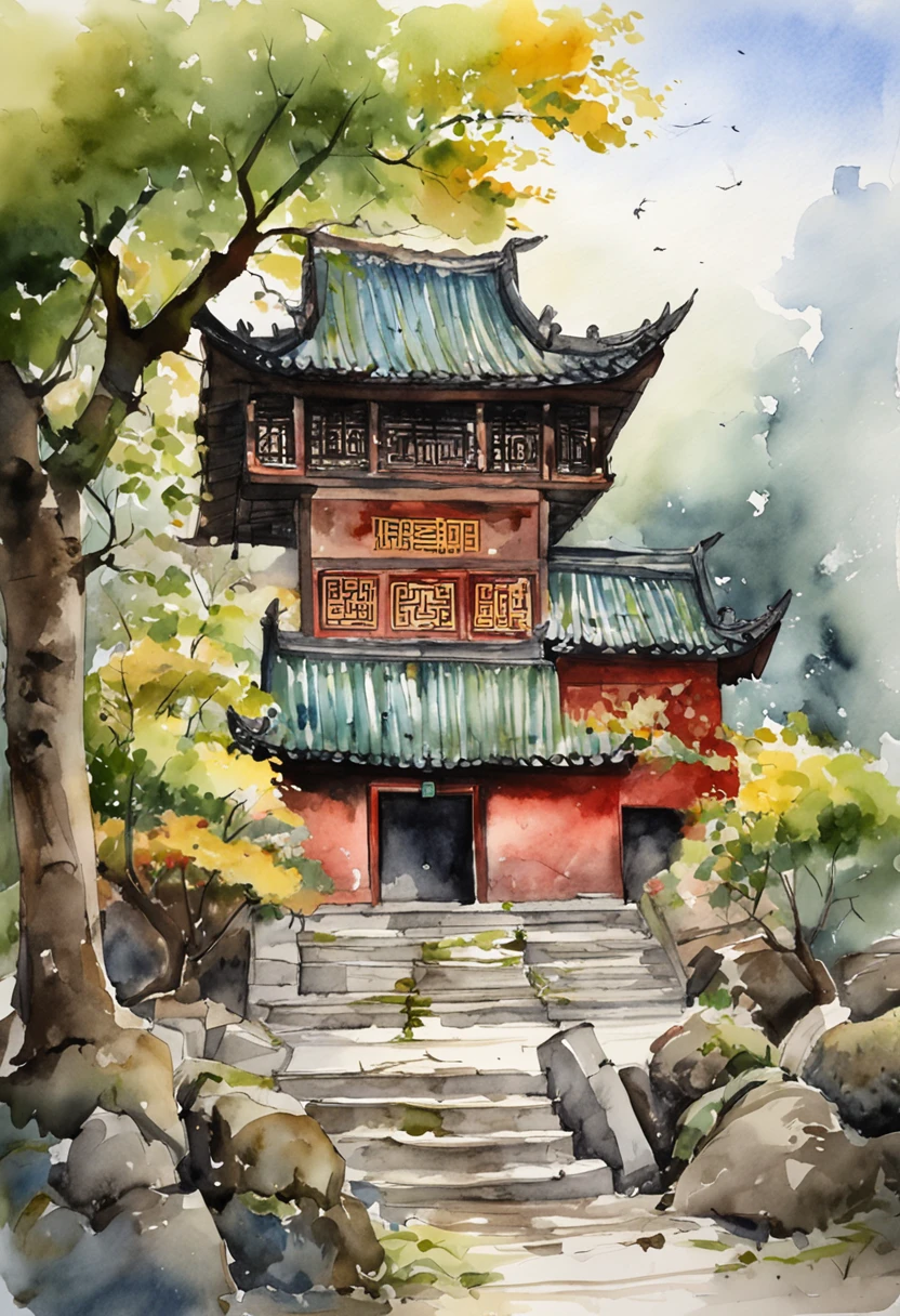 In a quaint Han Dynasty style temple,There are numerous buildings,The courtyard is covered with moss,There are many ancient trees outside the temple,There was a young monk cleaning the fallen leaves on the steps,There was a light rain in the sky,no sun