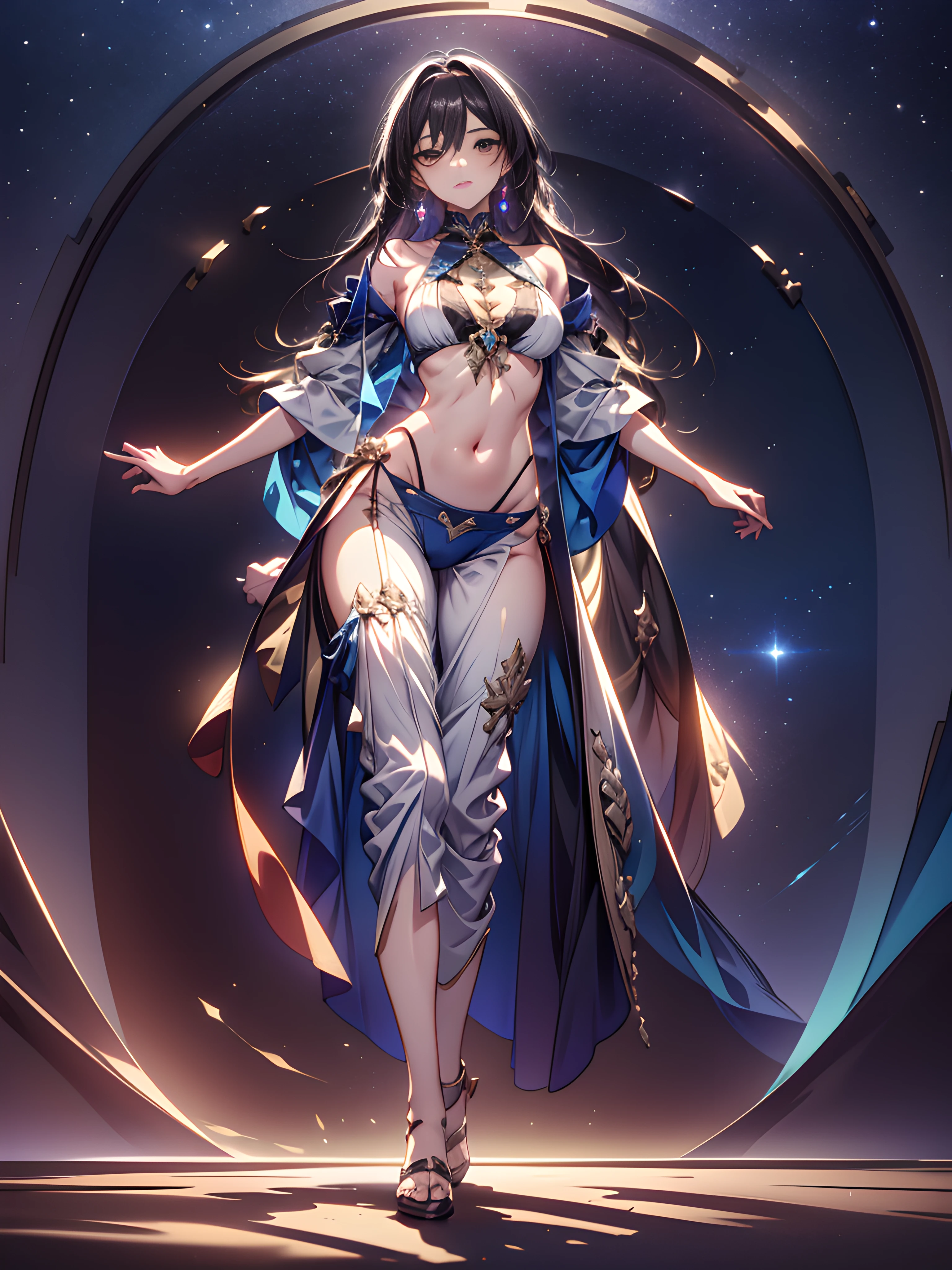 Masterpiece, highly creative digital CG work, a beautiful and proud human void goddess, supermodel, gorgeous clothes on gold patterns, full body white transparent bikini standing under the wild empty night stars, disappearing transparent pants, full body standing, tall, slender legs, extremely high face details, detailed body part details, leg root details, reasonable hand handling, 8k wallpaper
