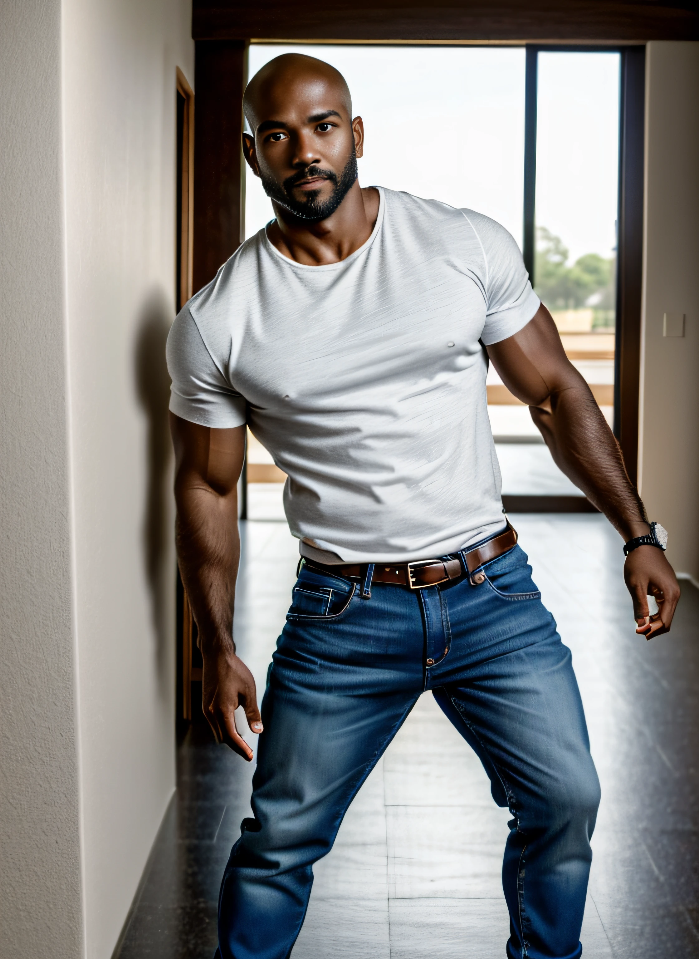 perfecteyes (Best quality), (masterpiece), (highly detailed:1.3), (analog:1.2), (high sharpness), Full body image of an extremely handsome African American man (42 yr old), standing pose, wearing only jeans, bald head, no shirt, muscles, hazel eyes, gazing seductively at the camera, (masculine features)