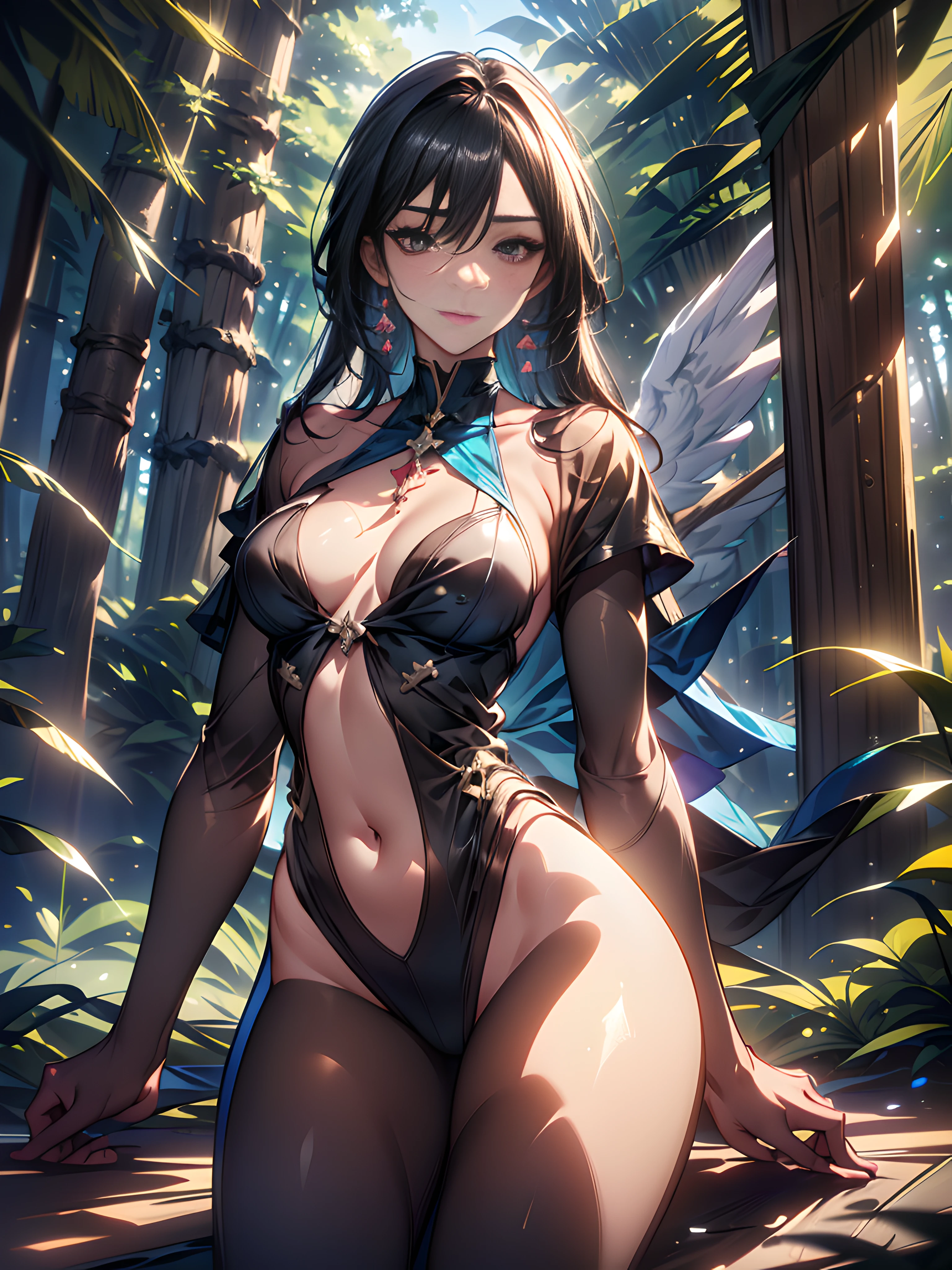 ((masterpiece)),((whole sculptural body)),((wide view of the angel)),4k,photorealism, real,hyper realistic,high res,athletic body,beautiful real sculptural body women, beautiful black african woman,black african royal thin african girl,((in the forest)),21 years old,((solo)),((real slender woman's face)),revealing body parts, transparent,hyper realistic, ultra detailed skin, small chest, ((visible,((transparent clothes)),neckline,((full body)),(masterpiece),(detailed high face),(high details),4k,8k , high res, ((hanging breasts)),normal, ultra realistic,(cinematic lighting),(cinematic pose))