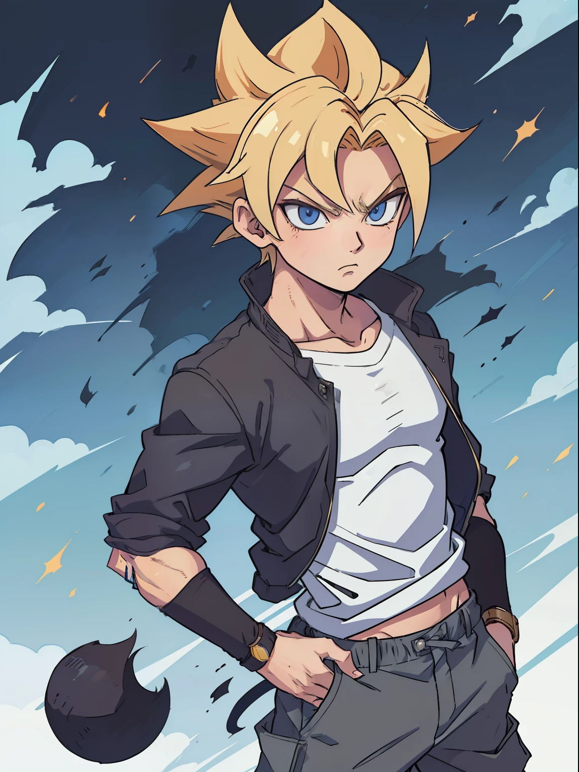 ((1garoto)) jovem, , masculino, jaqueta preta com uma listra vermelha no meio na horizontal e a manga da camisa branca, gray cargo pants, smartwatch preto, gray cargo pants, desenho, manga, ((obra-prima)) 4k, ((manga-style)) estilo de desenho, conceito de personagem, forma de super saiyan, blonde hair, blue eyes, Son Goku, spiked up hair