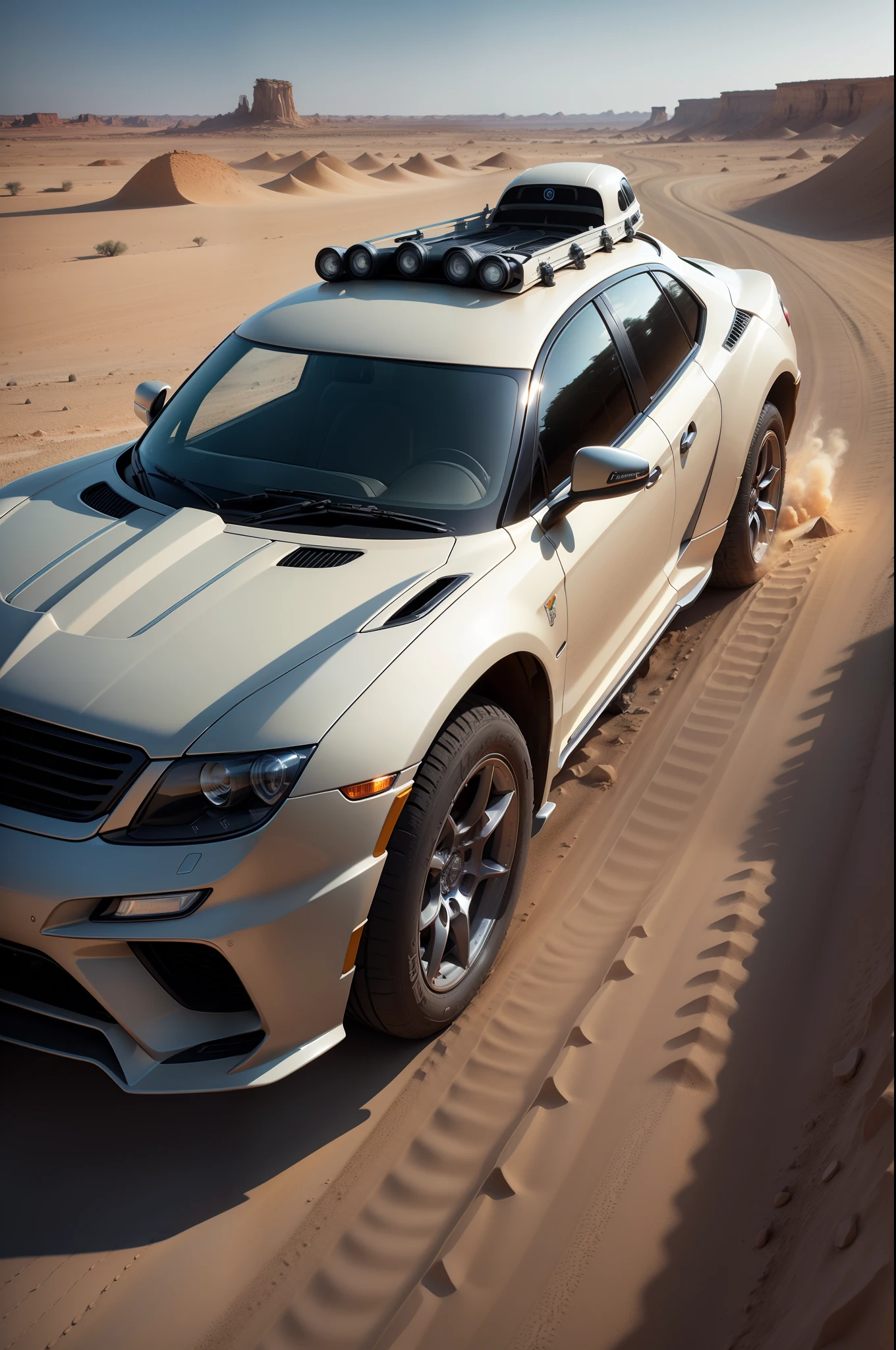 criar uma imagem, hiper realista, bem ambientada, de um carro futurista , no deserto