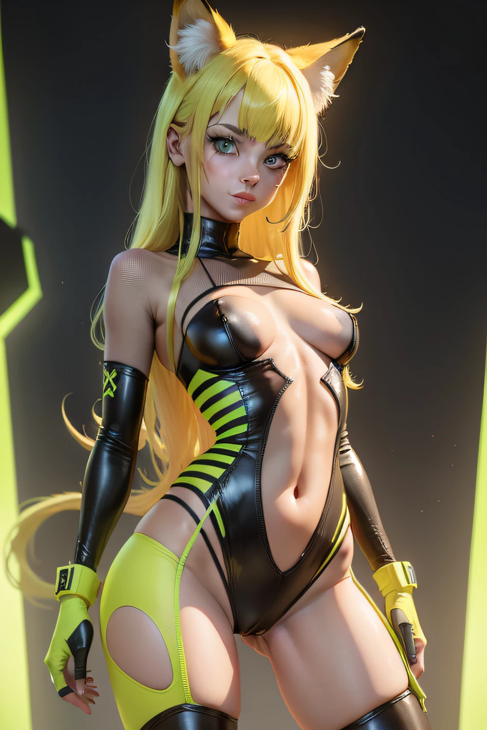Full-body mesh top made of neon yellow, Girl dressed as neon yellow colorful fox, sexy, sinnlich, Beautiful and detailed portrait of an anthropomorphic fox, Weiblich, Neon gelbe Haare, green eyes, tall colorful stockings, nasses Hemd, wet with sweat after making love, bodenlos, Nass zwischen den Beinen, schlanke Karosserie, small boobs, thin body, flush, embarrassed smile, Lange Haare, weibliche Masturbation, Psychedelisch, LSD Trip, Verlust des Augenlichts, Blick von oben, Erweiterte Pupillen, dampfend, Schwitzen, Shake, Blick auf den Betrachter, Frontkamera, Frontalansicht, halb geschlossene Augen, maximally crazy, mehr landschaft mit sternen im Hintergrund, Ultra realistisch, ultra HD, mehr neon gelb