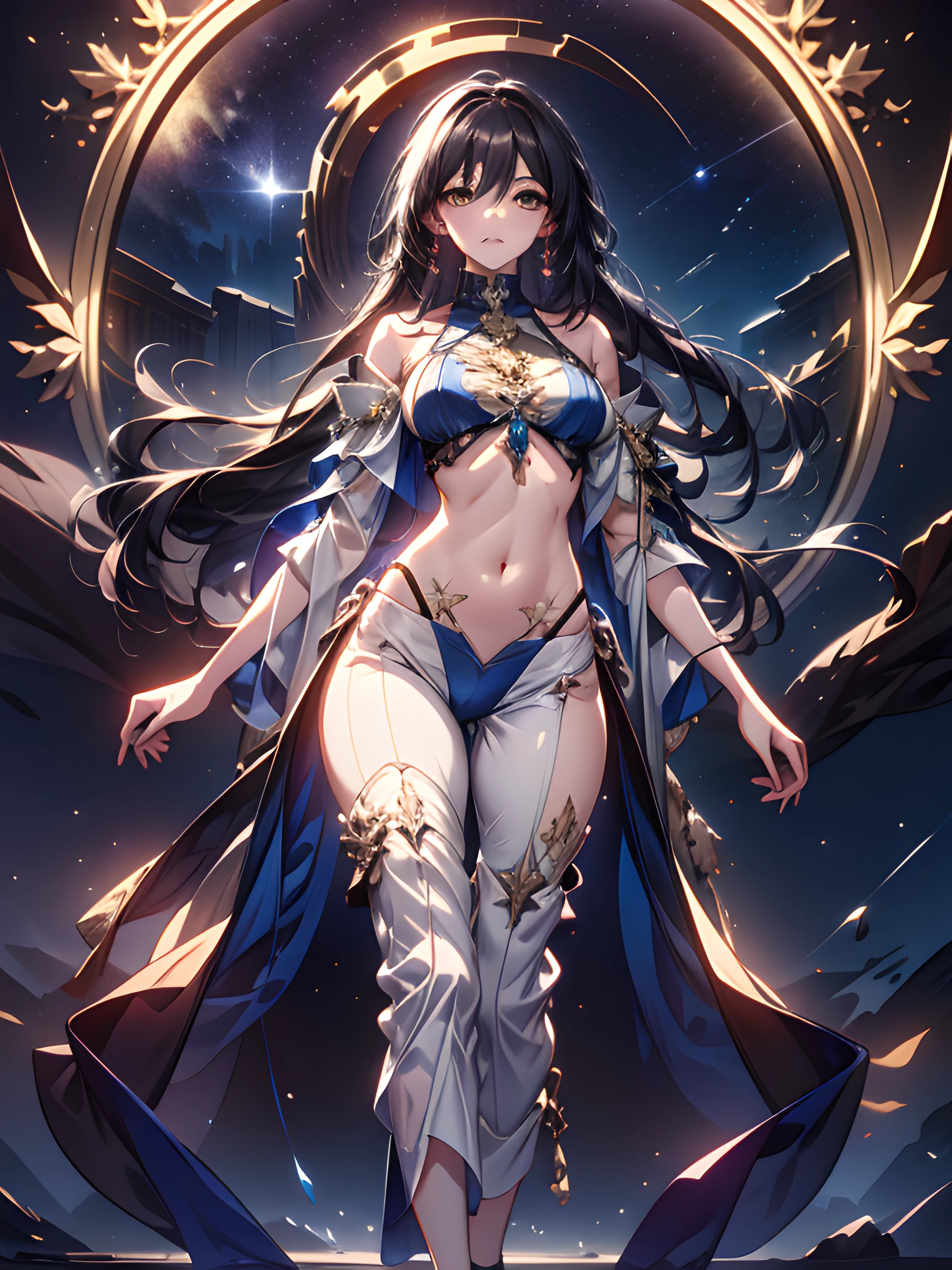 Masterpiece, highly creative digital CG work, a beautiful and proud human void goddess, supermodel, gorgeous clothes on gold patterns, full body white transparent bikini standing under the wild empty night stars, disappearing transparent pants, full body standing, tall, slender legs, extremely high face details, detailed body part details, leg root details, reasonable hand handling, 8k wallpaper