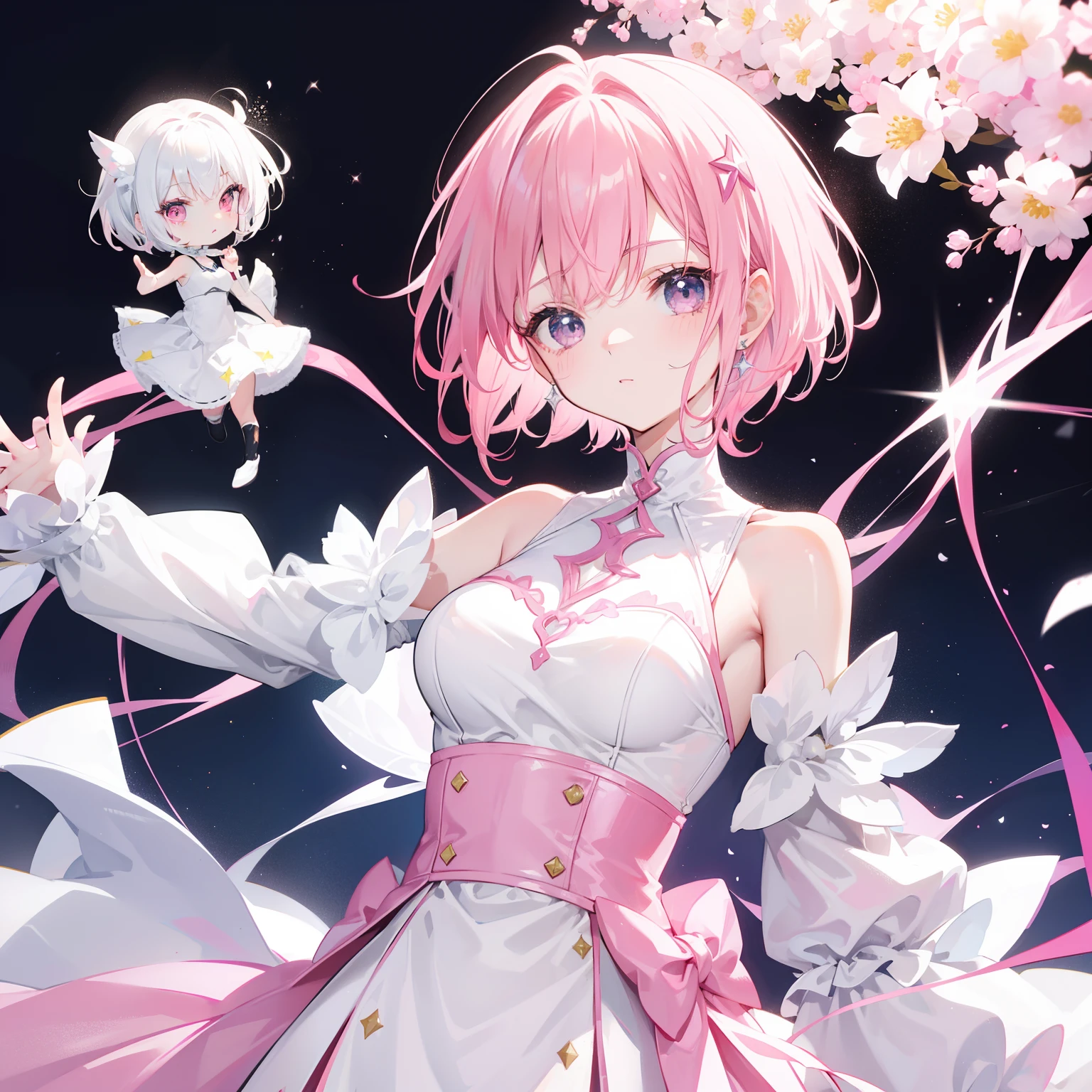 Short pink hair,The body is slender,Silver and white clothes are decorated with pink and a little yellow,Like a shining star,This is a girl with a soft voice in clips