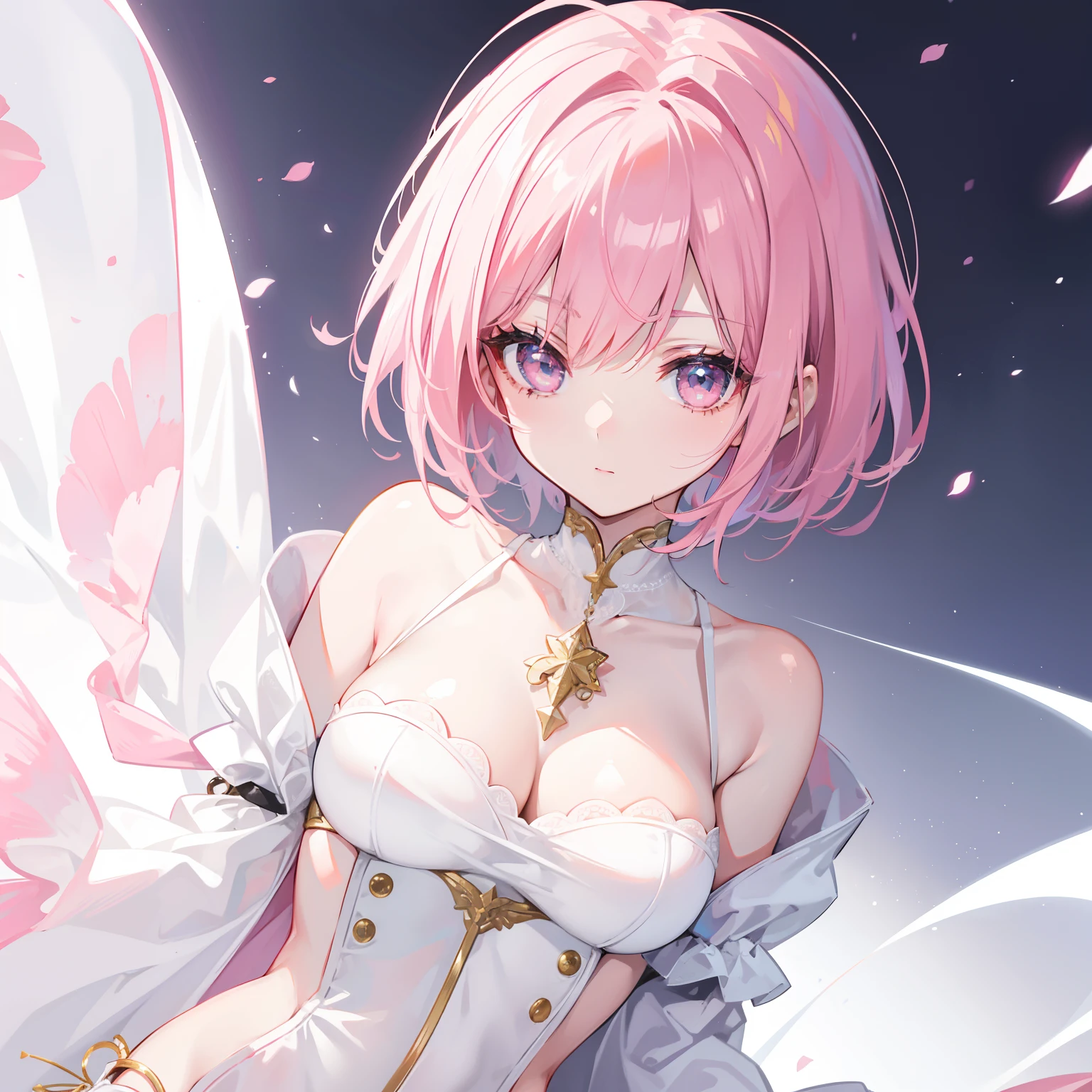 Short pink hair,The body is slender,Silver and white clothes are decorated with pink and a little yellow,Like a shining star,This is a girl with a soft voice in clips