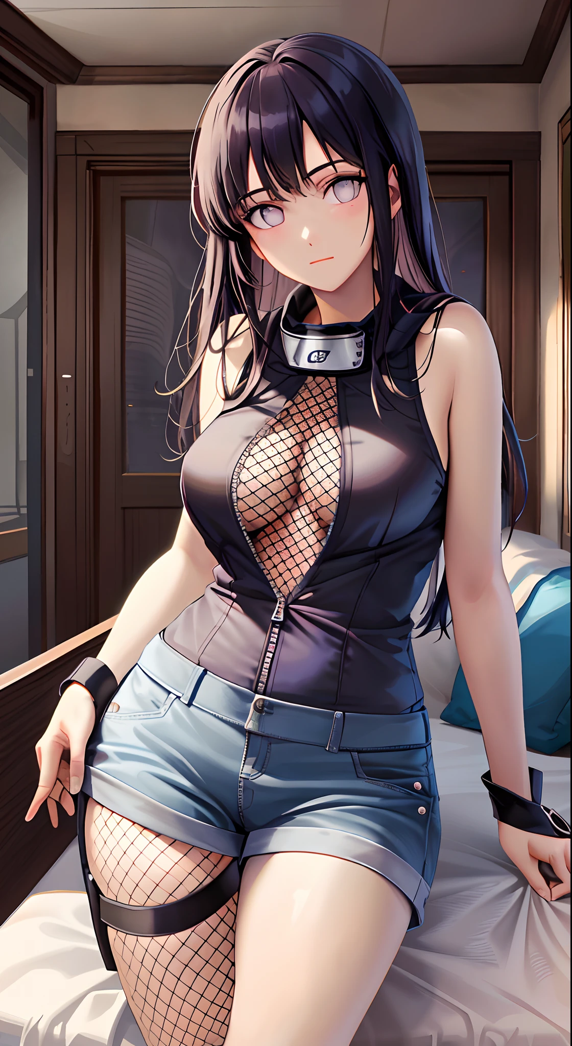master part, High definition, alta qualidade, Rosto detalhado, Detailed body rendering, 1girl, sozinho, Hinata roupas sem mangas,quarto,, camisa sem mangas,( clothing with fishing net), jaqueta descompactadora, Standing, corar, (no quarto)