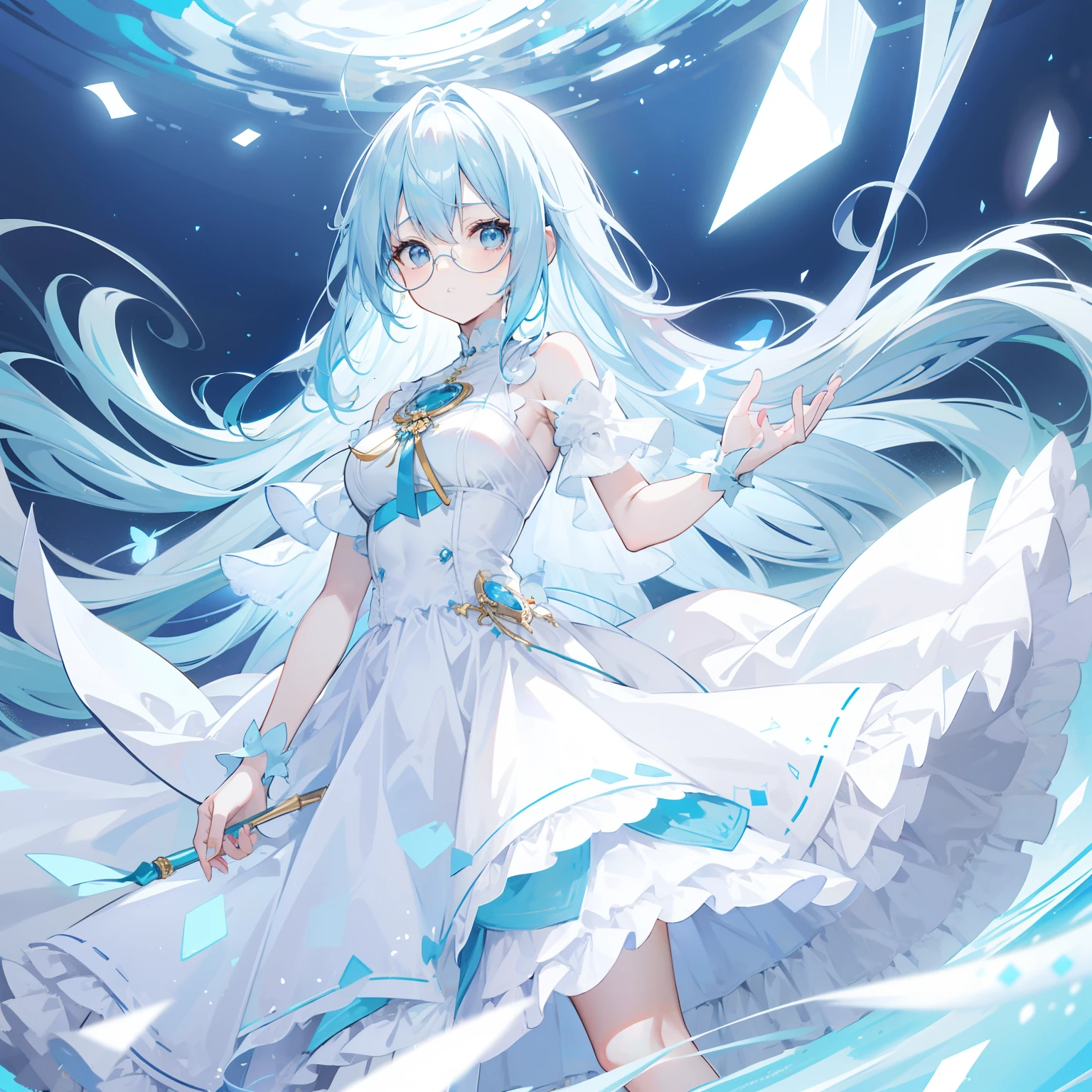 Long light blue hair,White glasses,All kinds of light blue with light yellow princess dresses look a little intellectually cute, pitiful and simple
